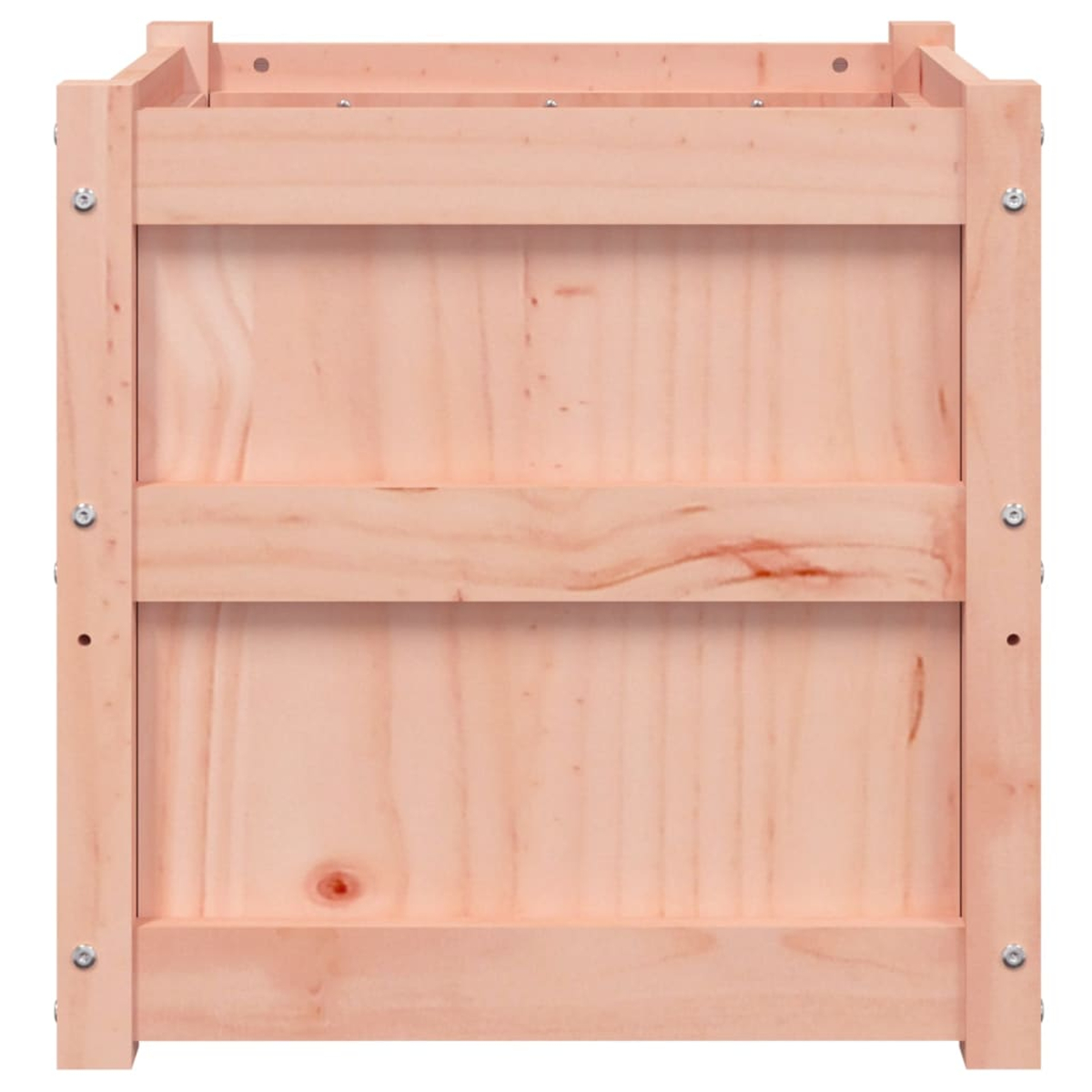 Holzkiste. Die Kiste ist hellbraun und hat mehrere horizontale Bretter. Die Seite ist sichtbar.