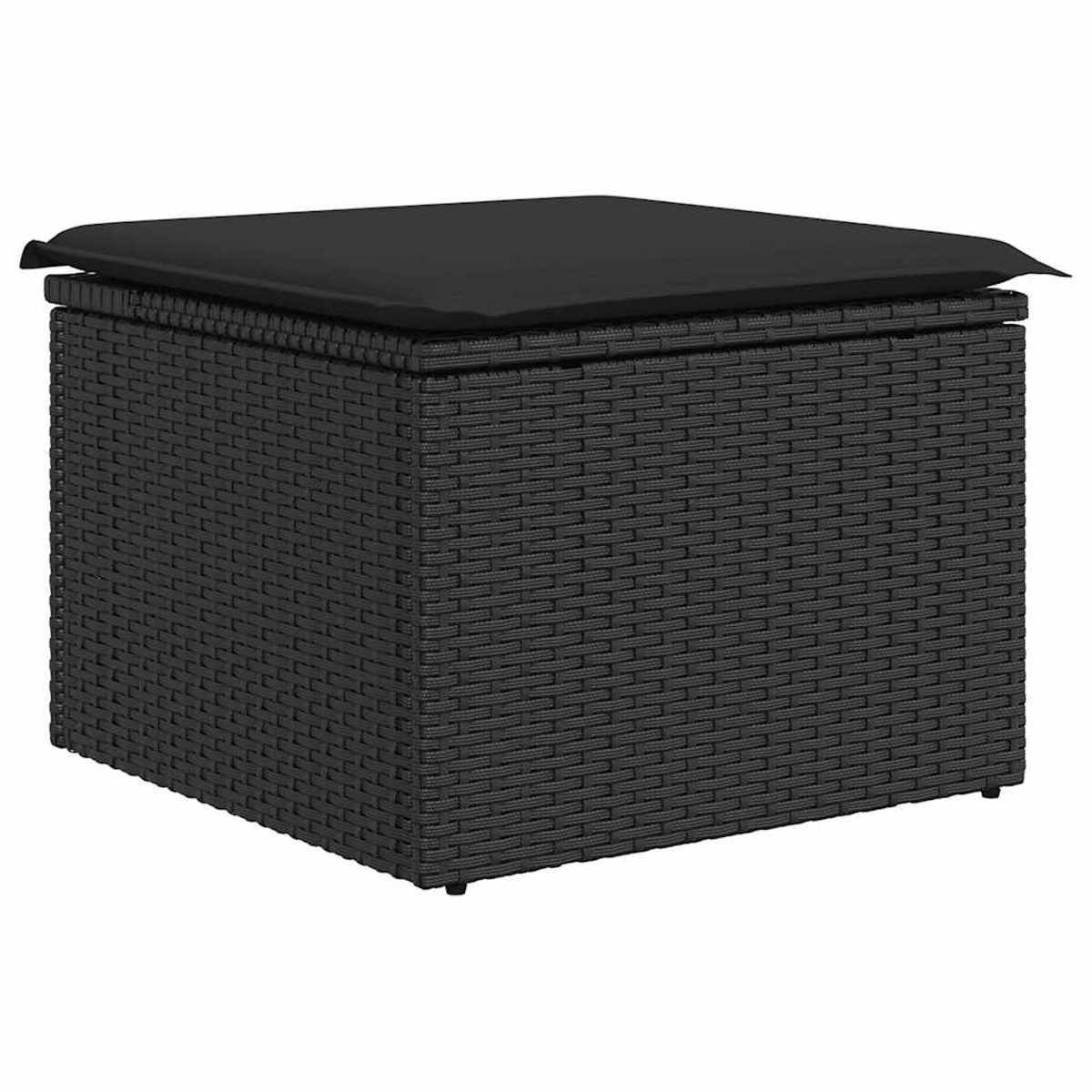 Schwarze Rattan-Aufbewahrungsbox mit einem schwarzen Kissen oben.