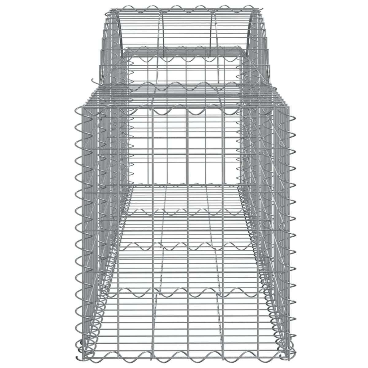 Rechteckiger Metall-Gabionenkorb mit gewölbter Oberseite. Gitterartige Konstruktion.