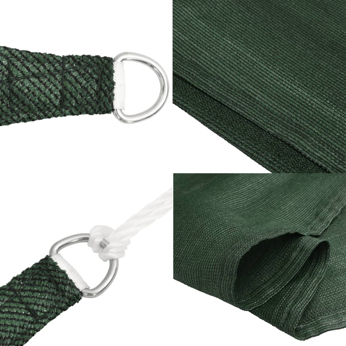 Dunkelgrünes Sonnensegel mit Metallringen. Nahaufnahmen zeigen Details des Gewebes und der Ringbefestigungen.