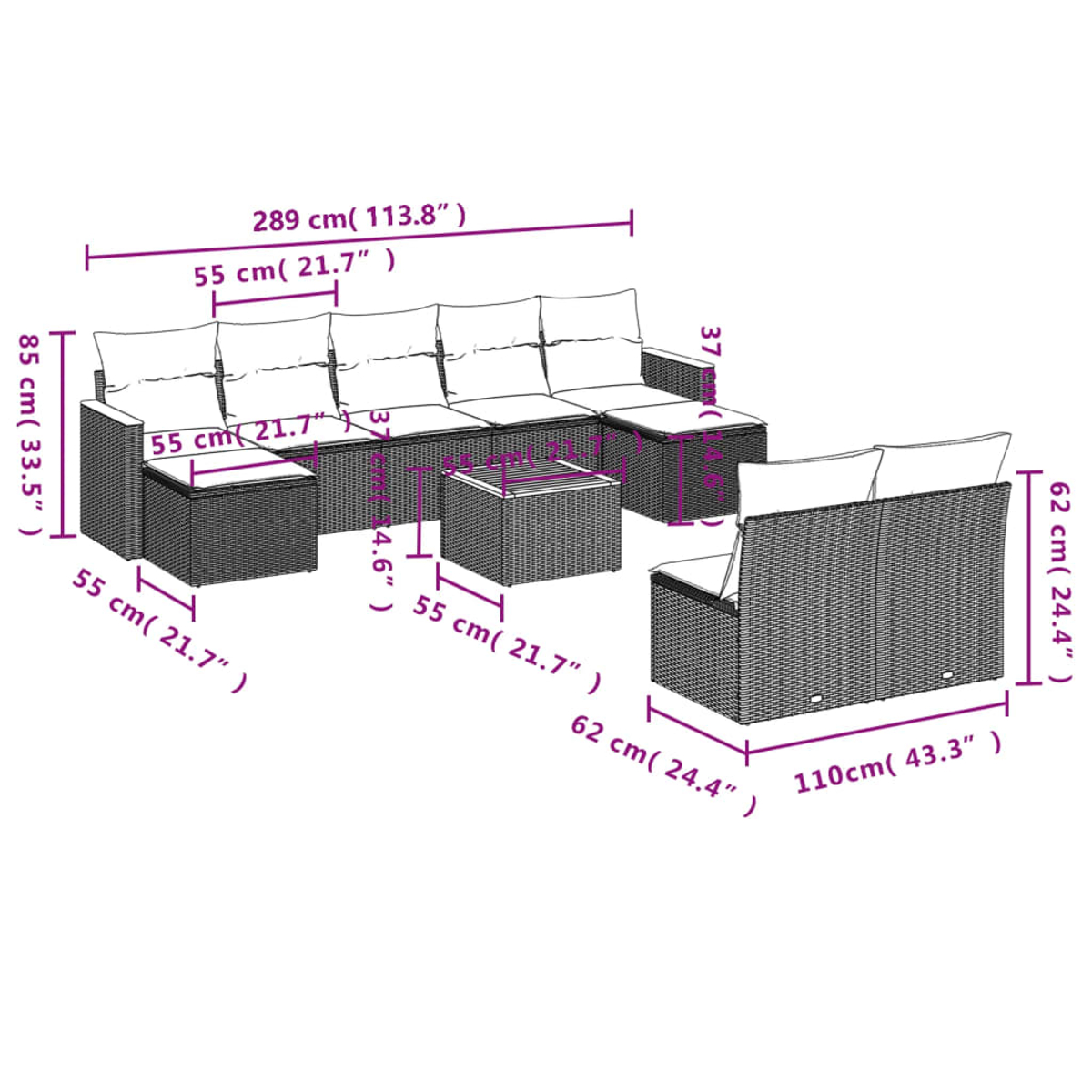 Diagramm eines großen Rattansofas mit Abmessungen.