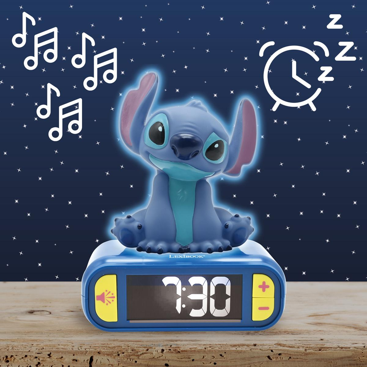 Stitch-Wecker mit Noten, Sternen und einem Uhrsymbol. Die Uhr zeigt 7:30 Uhr an.