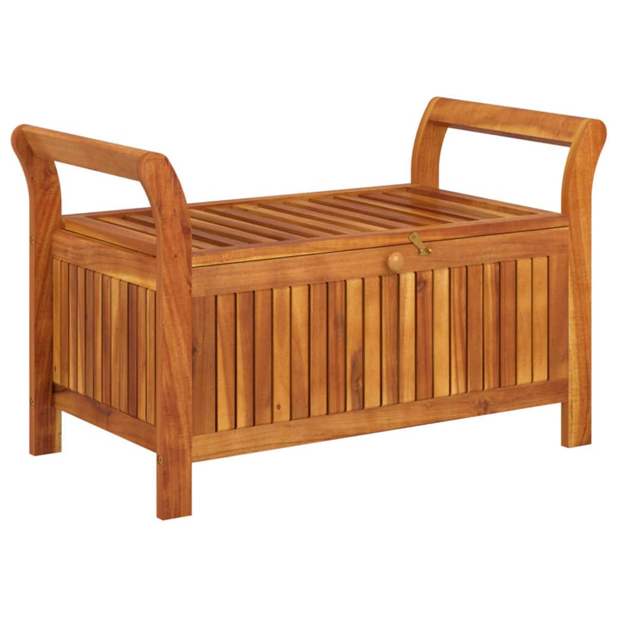 Holz-Aufbewahrungsbank mit Lattenrost und Griffen. Braune Farbe.