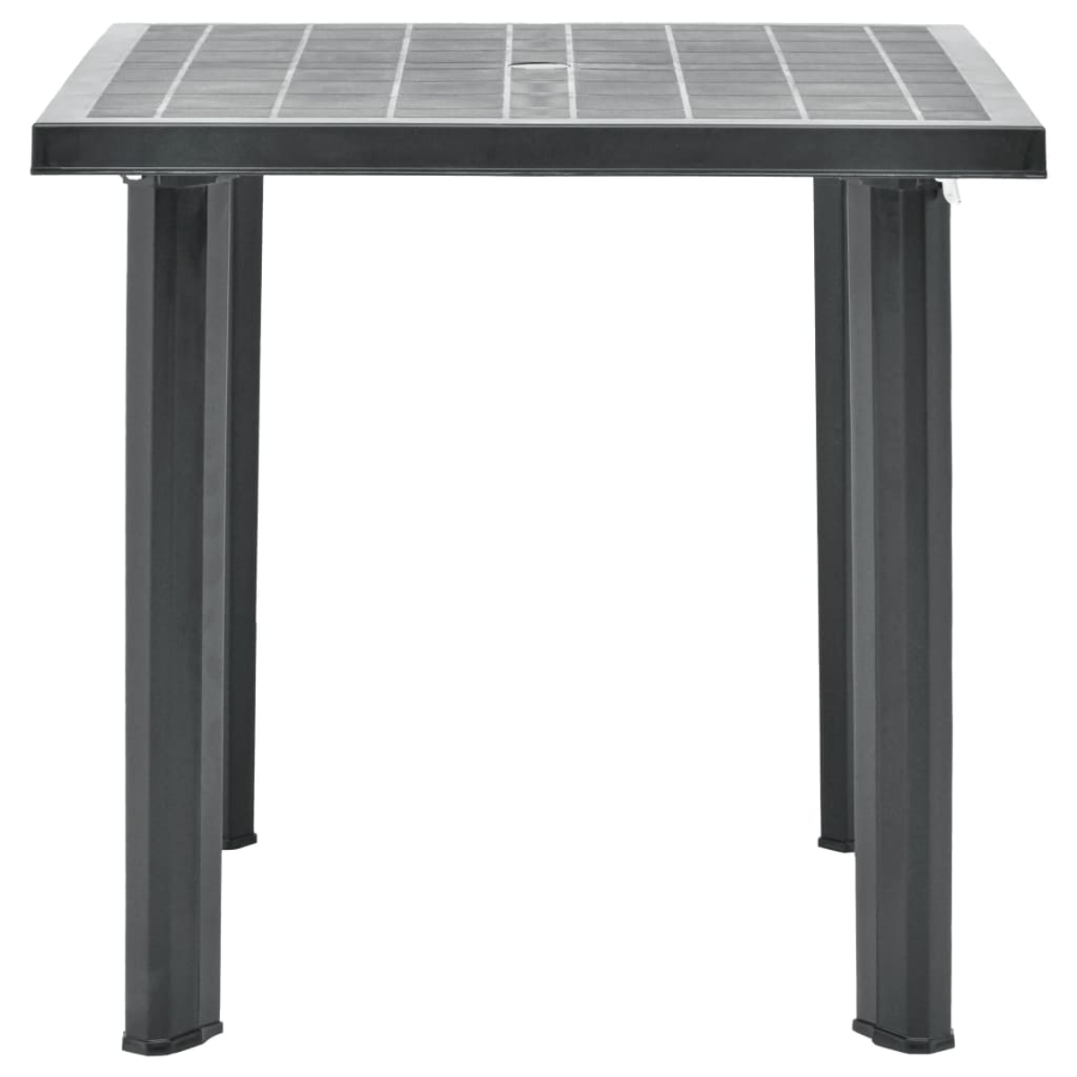 Ein quadratischer, grauer Outdoor-Tisch mit schwarzen Beinen. Der Tisch ist schlicht und modern im Design.