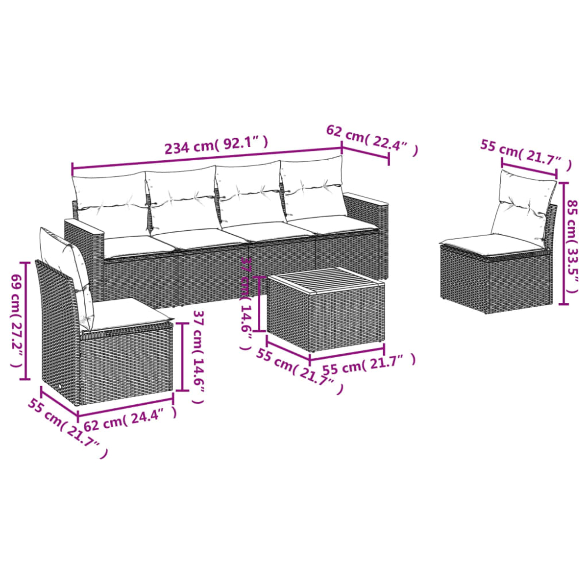 Garten-Sofagarnitur. Enthält ein großes Sofa, zwei Sessel und einen Tisch. Abmessungen sind angegeben.