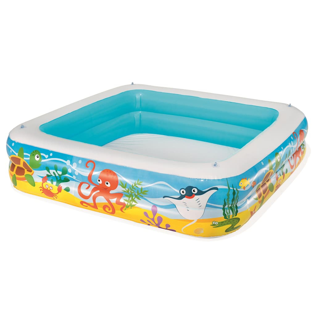 Aufblasbarer Pool mit Meeresbewohnern an den Seiten. Das Wasser ist blau, und der Pool ist quadratisch.