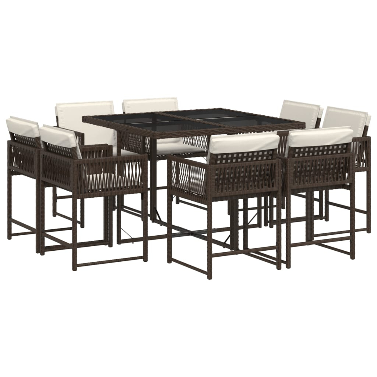 Un set da pranzo da esterno in vimini marrone con un tavolo quadrato con piano in vetro e 10 sedie.