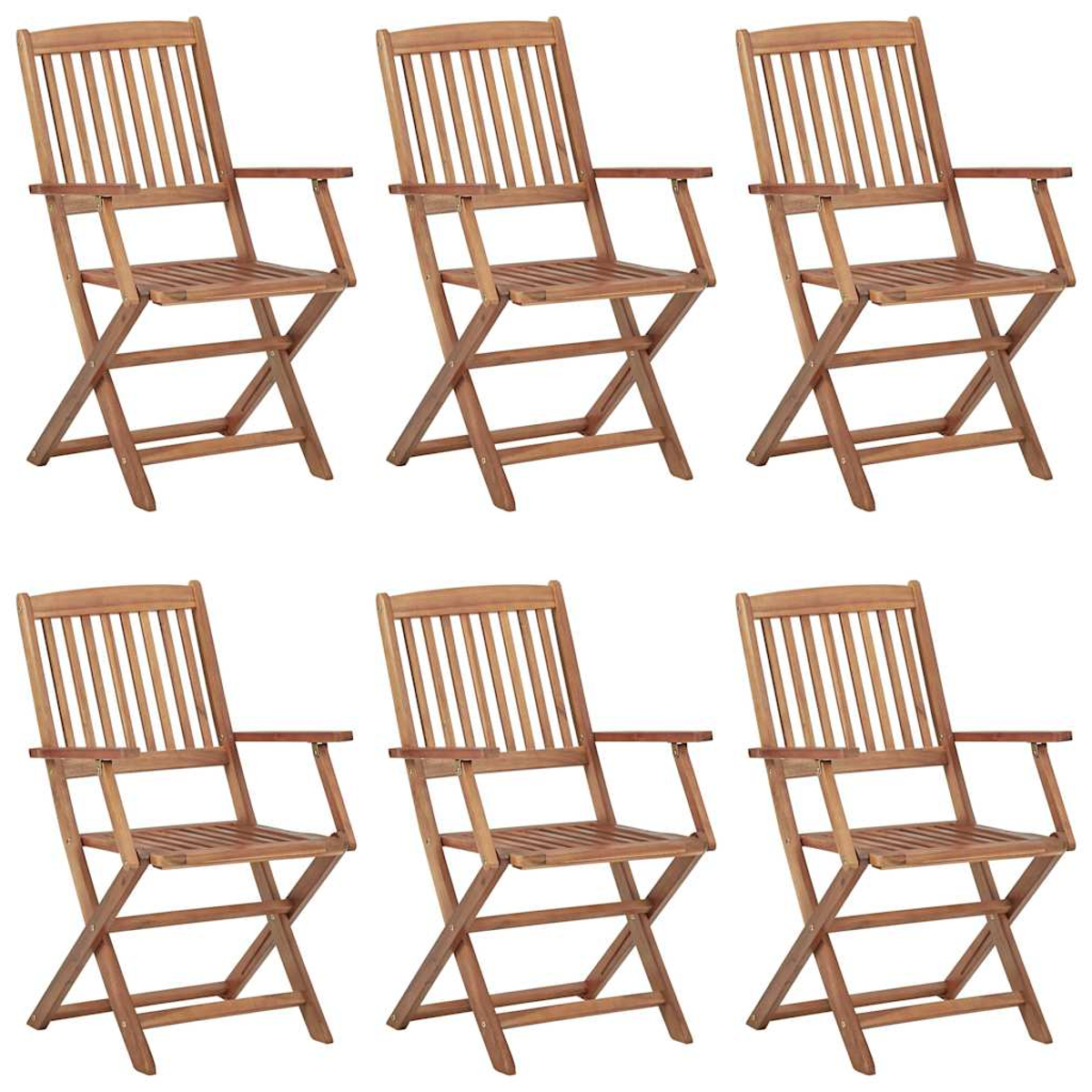 Sechs Holzklappstühle. Jeder Stuhl hat Armlehnen und eine Lattenlehne und -sitz.