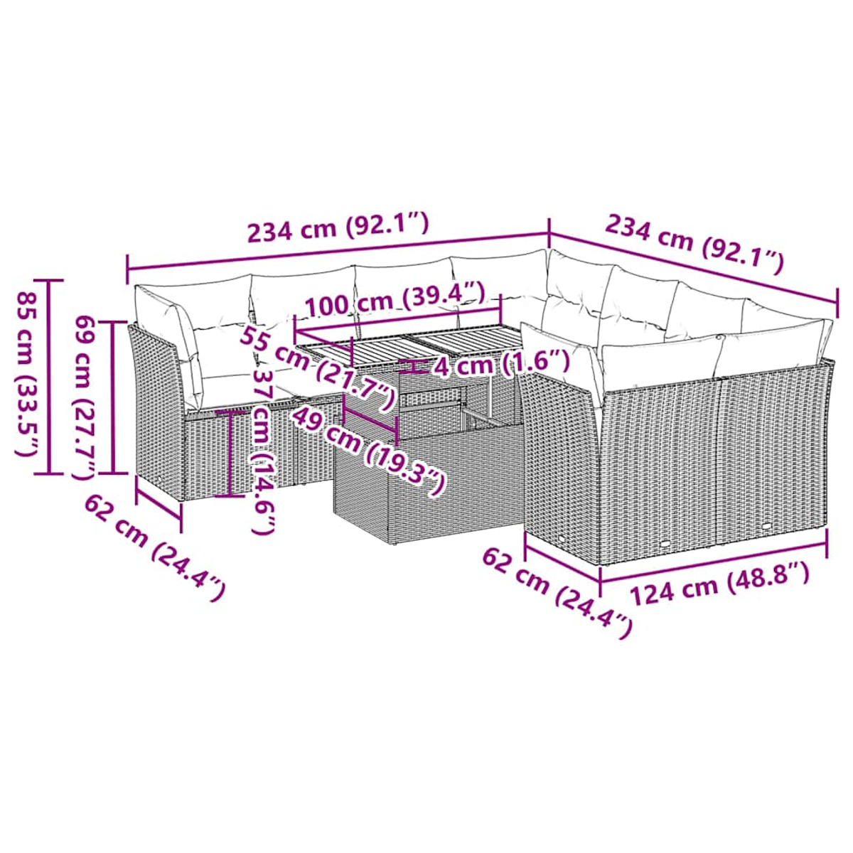Rattan Outdoor-Ecksofa mit den Maßen: 234x234x85 cm. Kissen und ein niedriger Tisch.