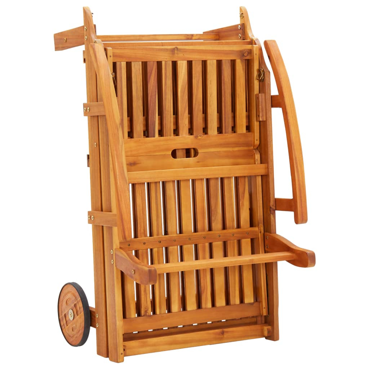 Zusammengeklappter hölzerner Gartenwagen mit einem Rad, zeigt Latten und Beschläge.