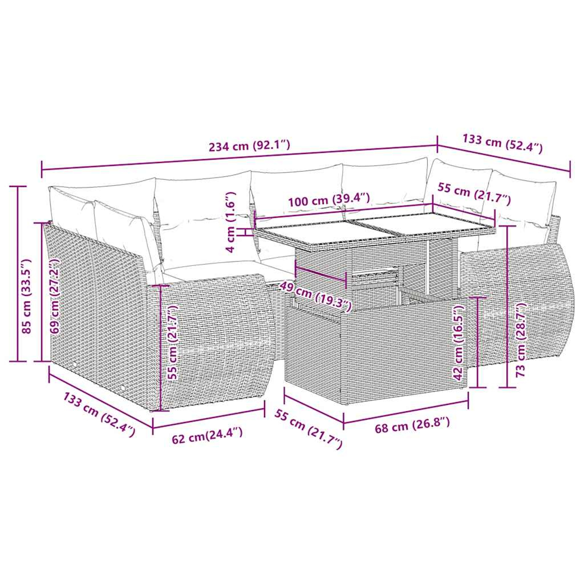 Diagramma di divano componibile da esterno con tavolo elevabile, con dimensioni in cm e pollici.