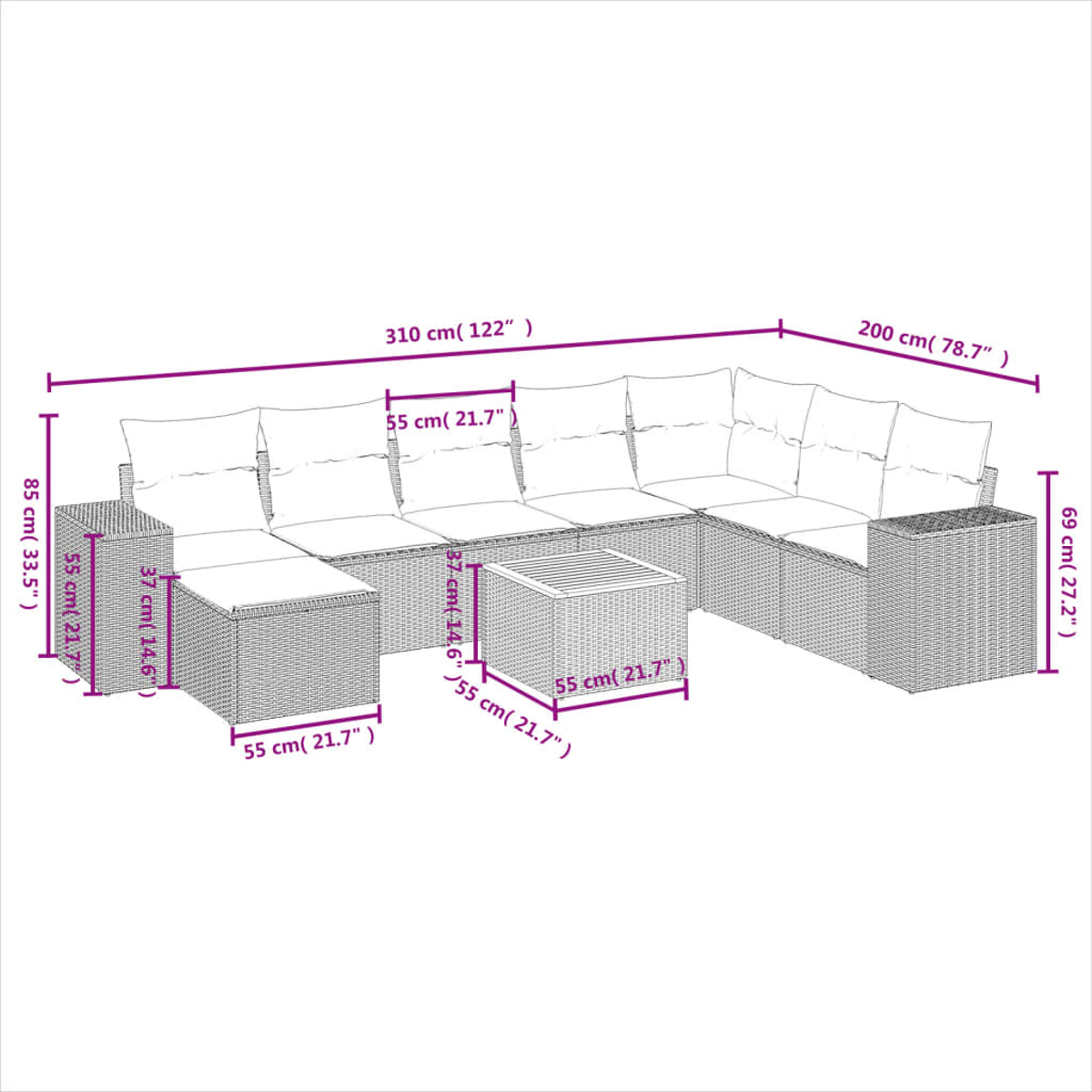 Outdoor-Sofa mit Kissen. Abmessungen sind beschriftet. Es hat einen Beistelltisch und eine rechteckige Ottomane.
