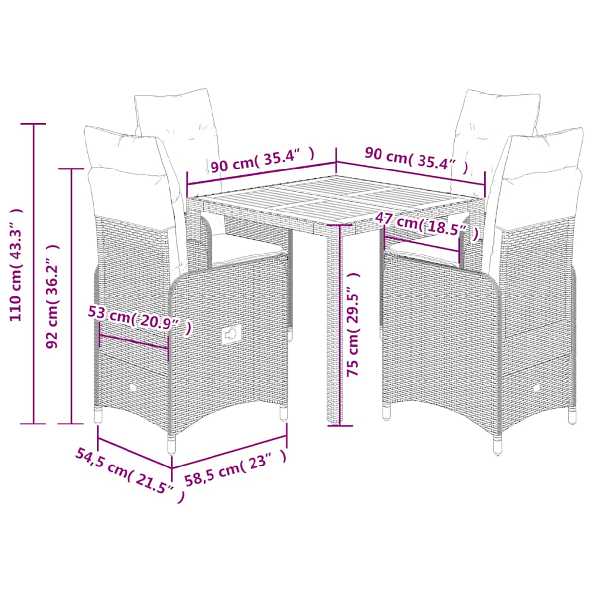 Diagramma di un set da pranzo da esterno in vimini con dimensioni in cm e pollici. Tavolo e quattro sedie sono mostrati.