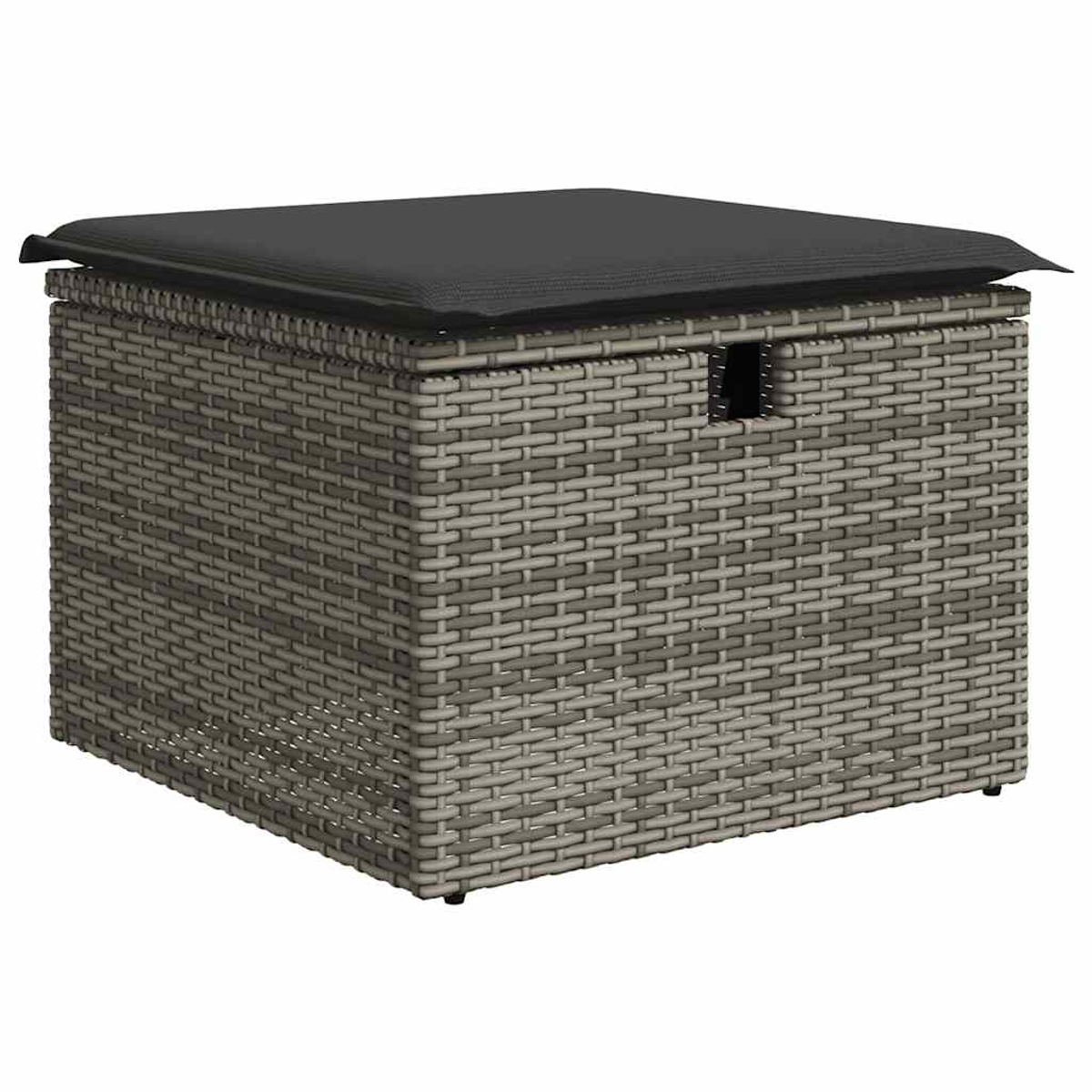 Eine graue, gewebte Aufbewahrungsbox mit einem schwarzen Kissen oben.