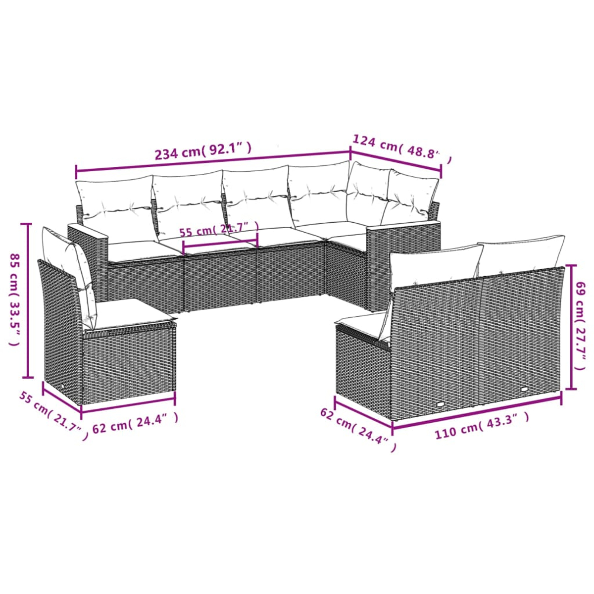 Diagramm eines Outdoor-Rattan-Sofasets mit Maßen. Weißer Hintergrund.