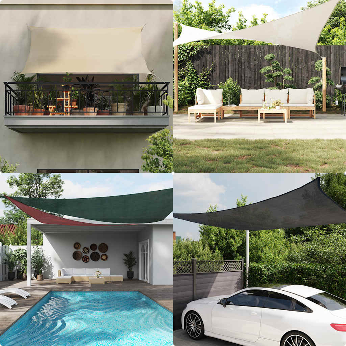 Vier Bilder mit Sonnensegeln im Freien. Verschiedene Farben, Formen und Designs bedecken Terrassen, Balkone, Pools und Einfahrten.