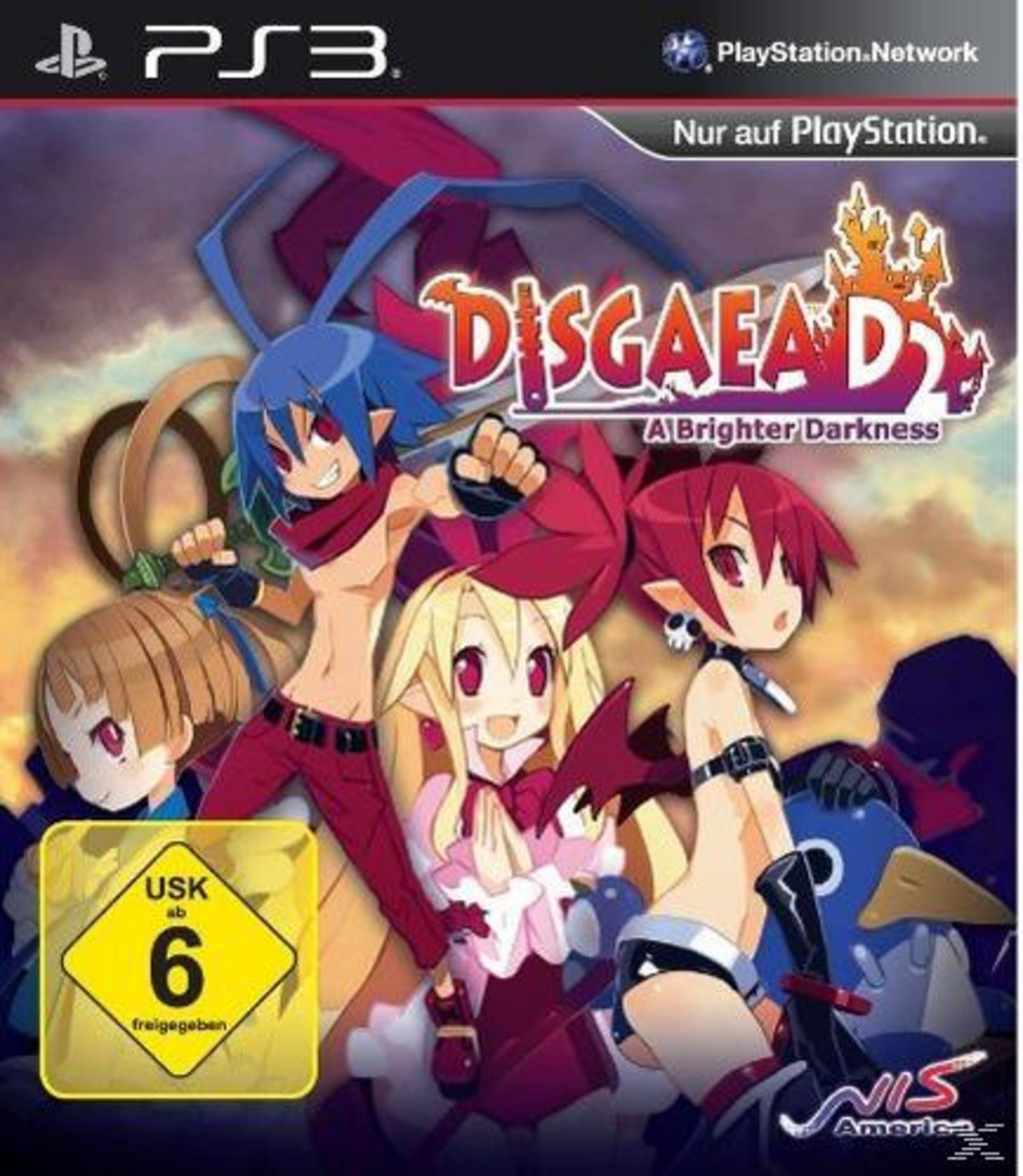 Ein Videospiel-Cover für Disgaea 2. Charaktere im Anime-Stil sind darauf zu sehen.