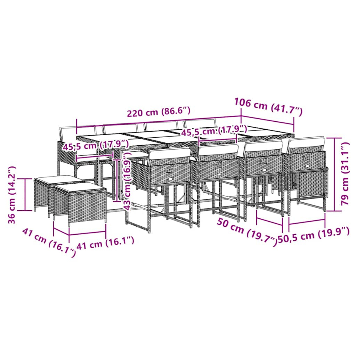 Diagramma che illustra le dimensioni di un ampio set da pranzo per esterni con un lungo tavolo e sedie.