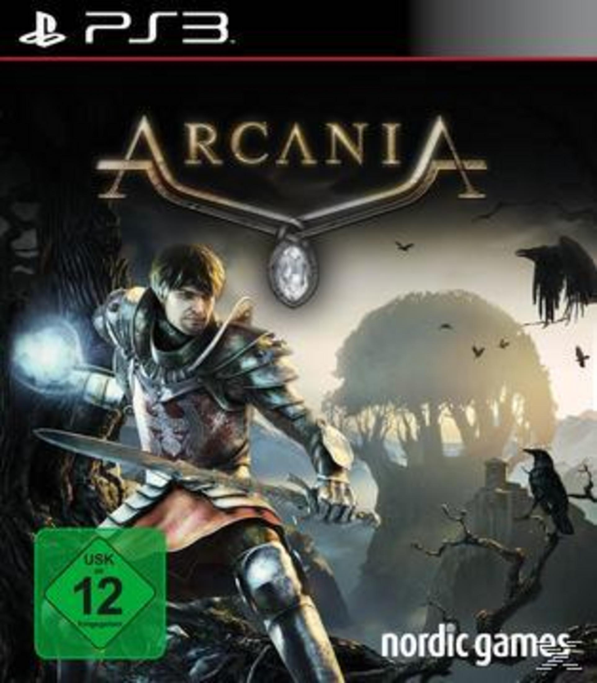 Arcania PS3-Spielcover. Ein Ritter mit Schwert und Magie, dunkler Waldhintergrund, PS3-Logo oben.