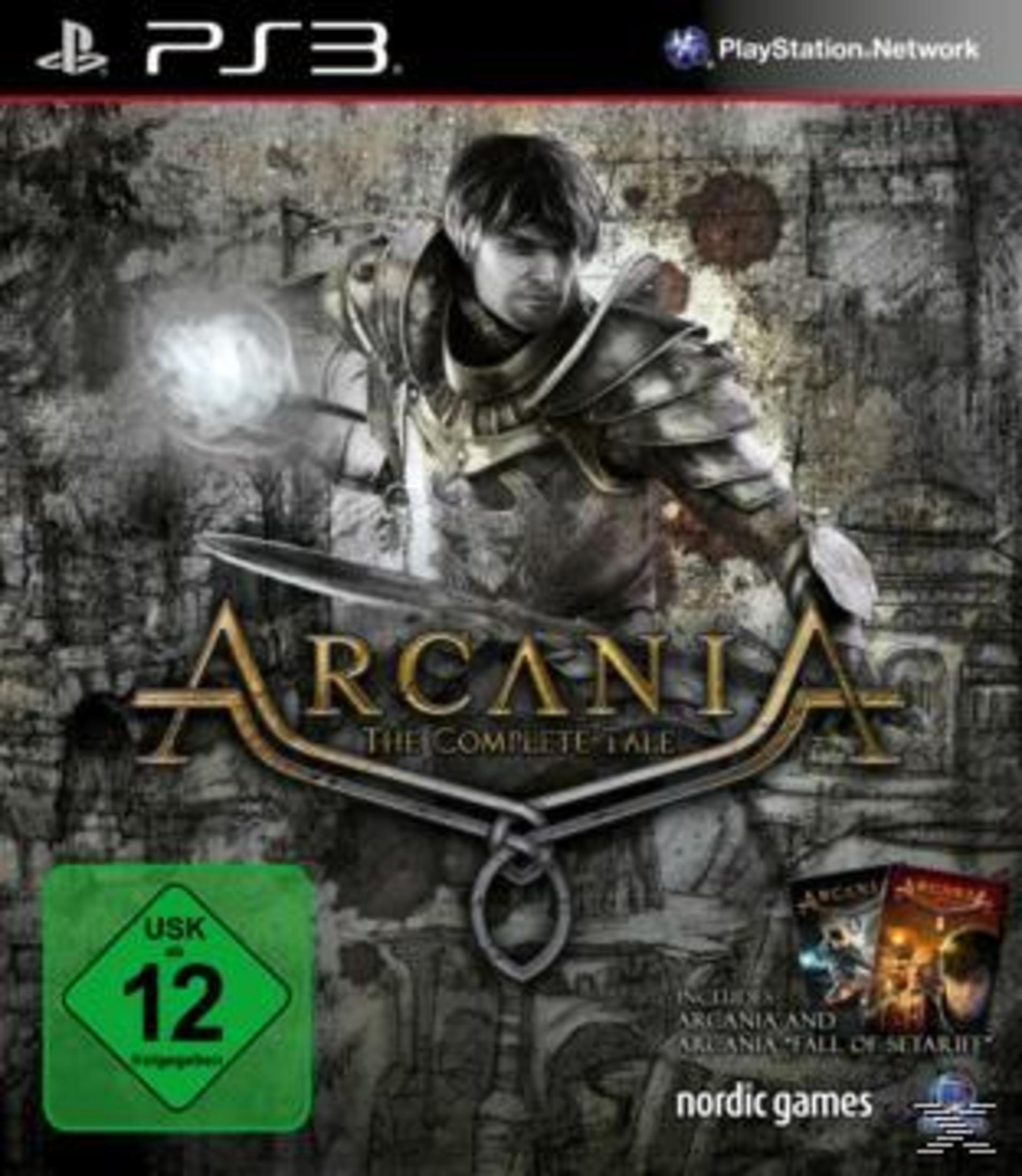 PS3-Spielbox für "Arcania: The Complete Tale" mit einem Krieger und Spielcover-Art.