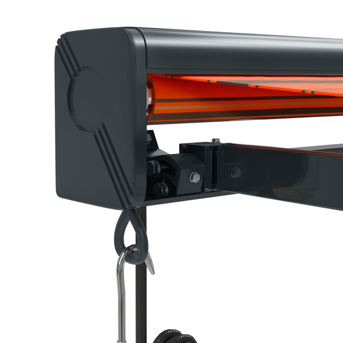 Nahaufnahme eines dunkelgrauen Markisenmechanismus mit orangefarbenen und schwarzen Streifen.