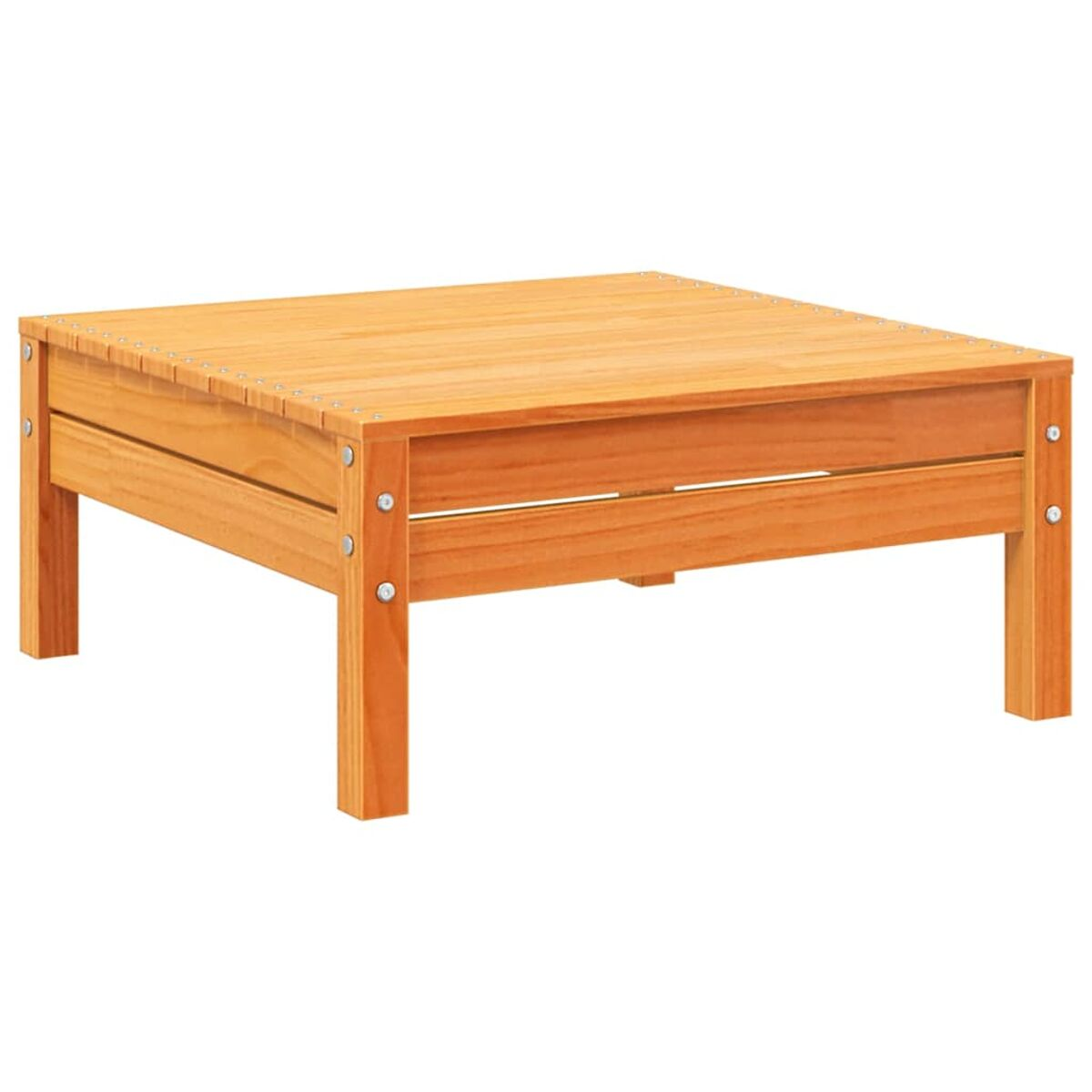 Ein quadratischer Couchtisch aus Holz. Er hat ein einfaches Design mit vier Beinen und einer flachen Oberseite.