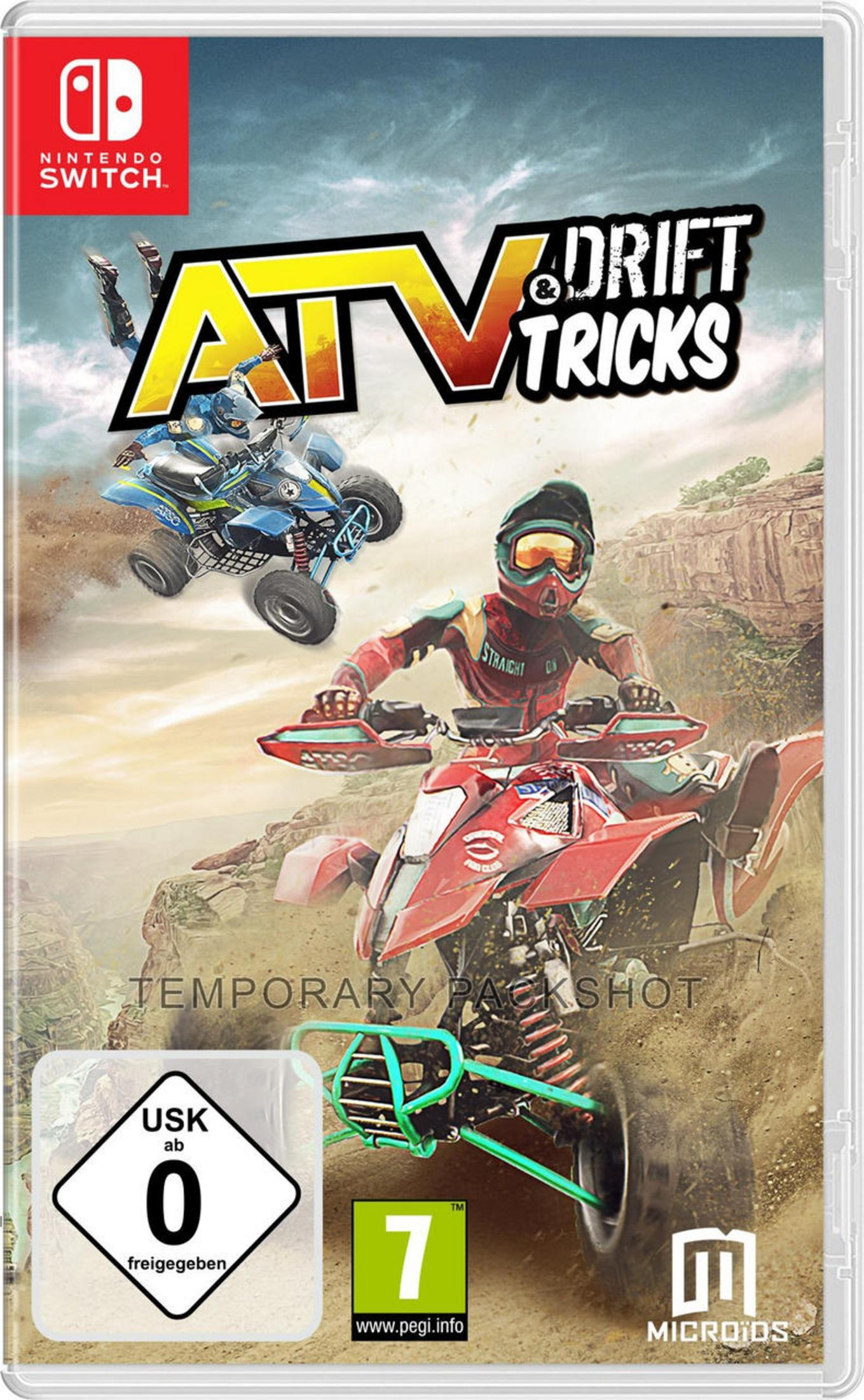 Nintendo Switch-Spielcover: ATV-Fahrer auf einer Dirt-Strecke, Titel "ATV & Drift Tricks".