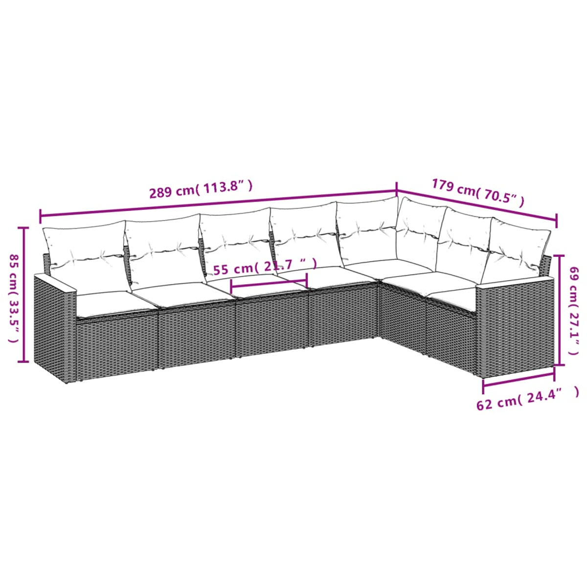 Diagramm eines L-förmigen Rattansofas mit Abmessungen in Zentimetern. Zeigt die Gesamtgröße.