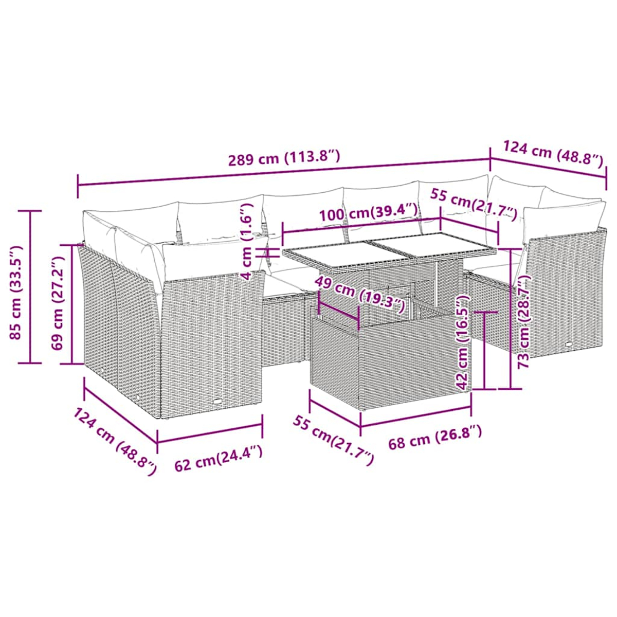 Diagramma di un set di mobili da esterno in rattan marrone con dimensioni in cm e pollici.