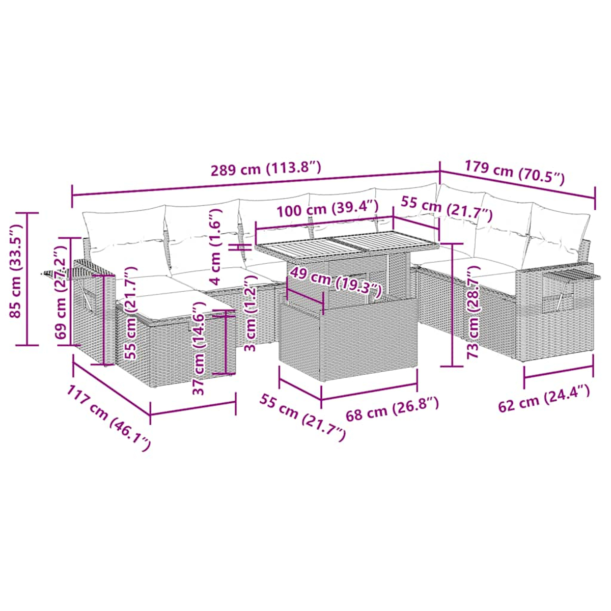 Diagramma di un set di mobili da esterno in rattan marrone con dimensioni in cm e pollici.