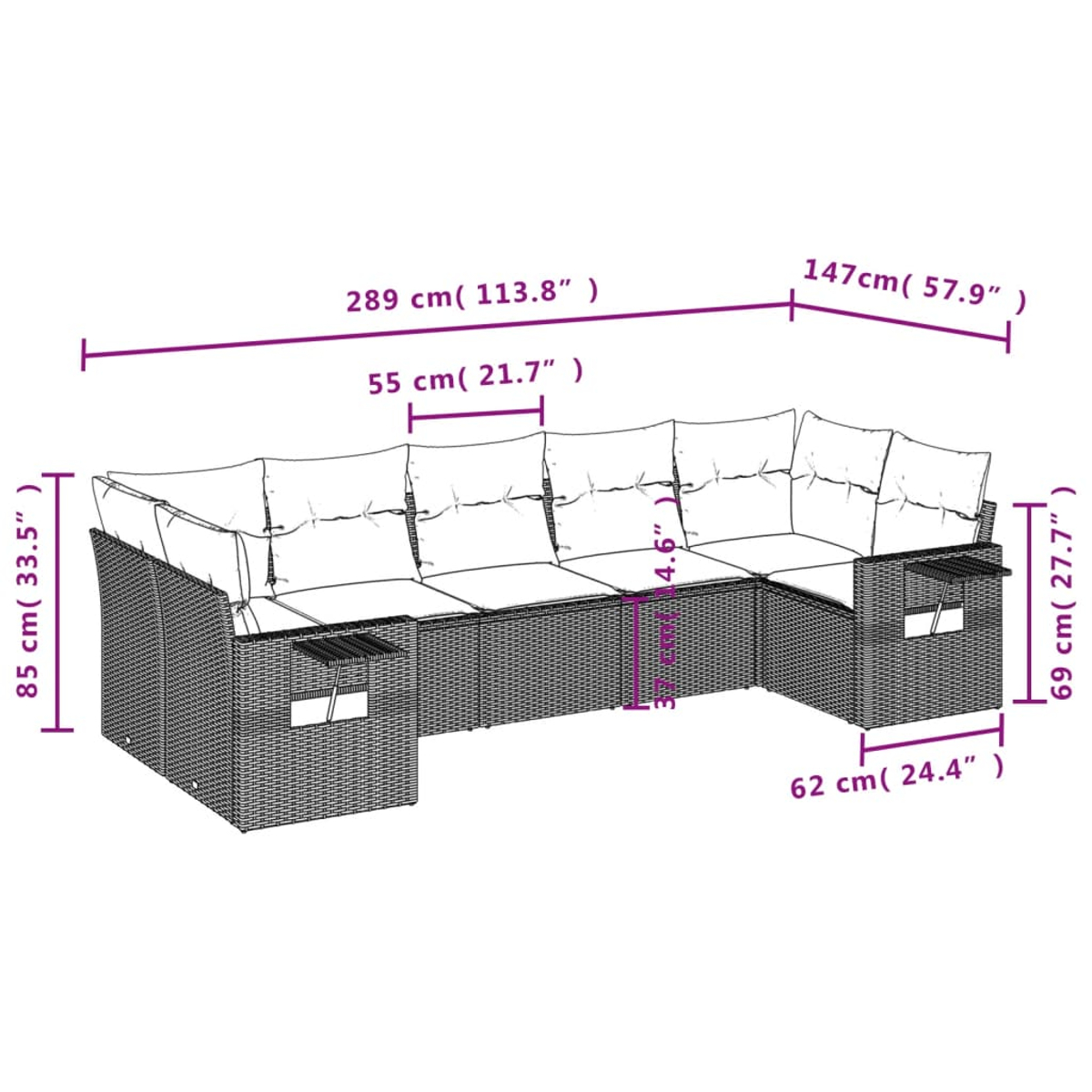 Diagramm eines braunen Outdoor-Möbelsets aus Rattan mit Abmessungen in cm und Zoll.