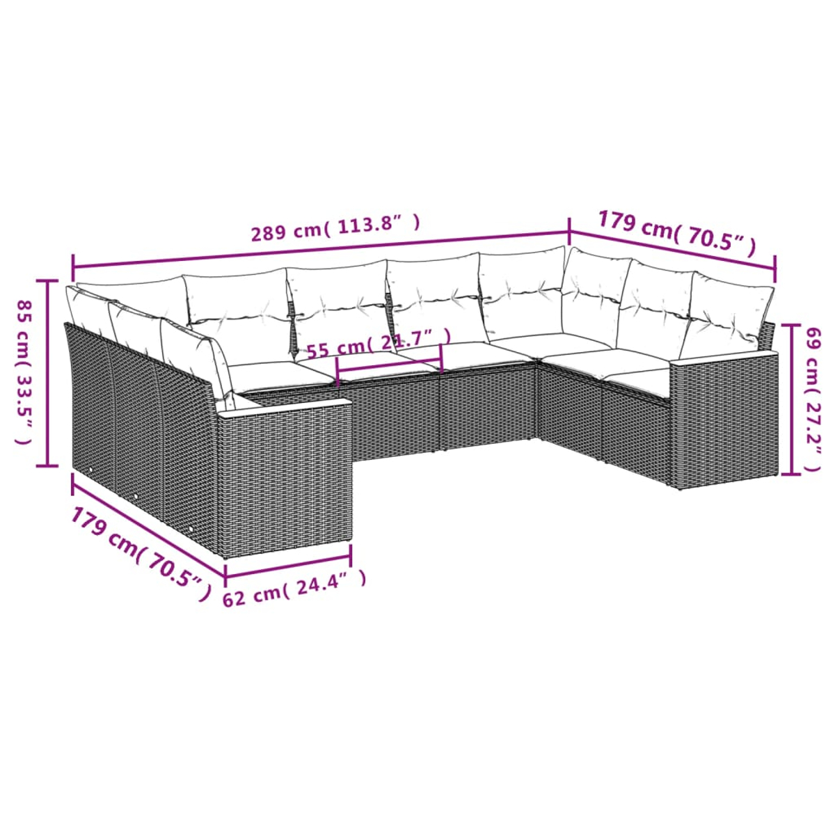Geflochtenes Ecksofa-Set mit Maßen in cm und Zoll.
