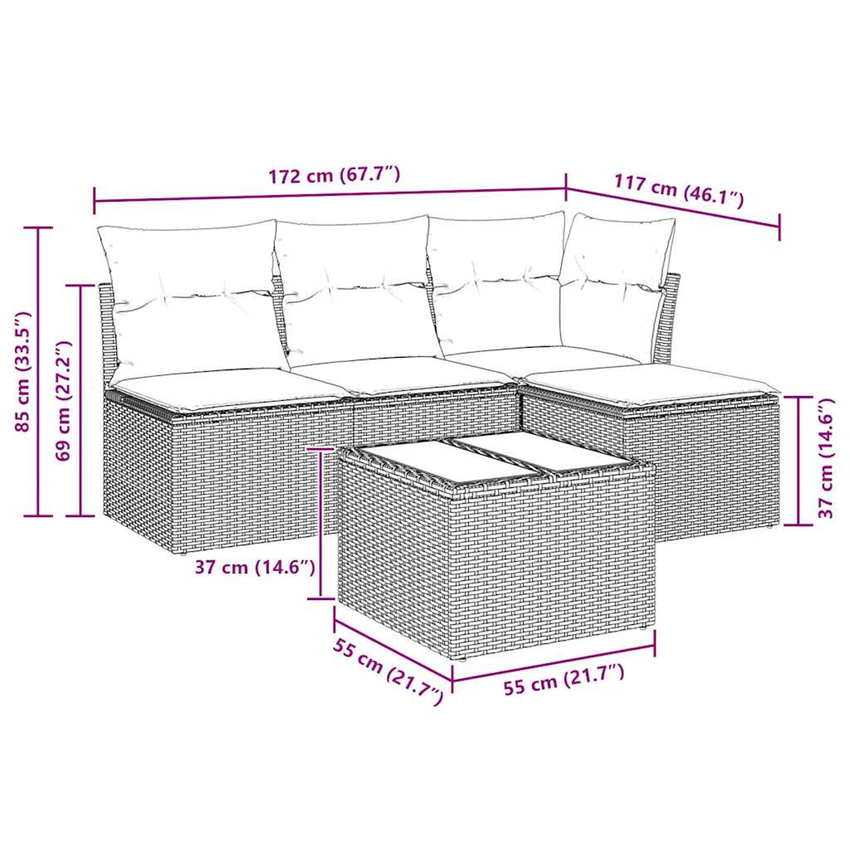 Set divano in vimini per esterni con dimensioni. Include divano e tavolo quadrato.