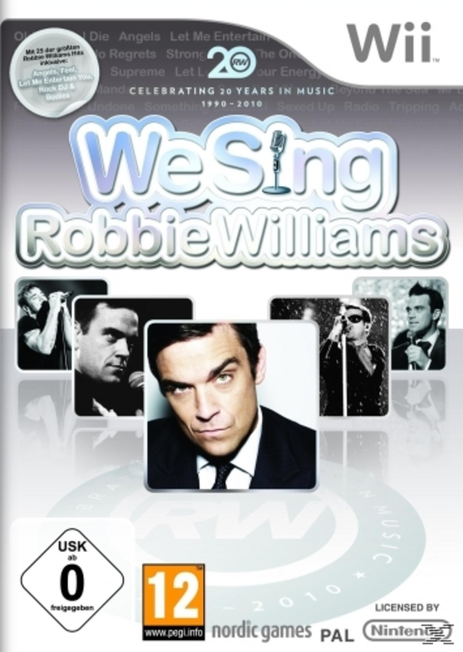 Wii-Spielcover für 'We Sing Robbie Williams'. Enthält Robbie und Bilder von ihm, Spieldetails auf weißem Hintergrund.