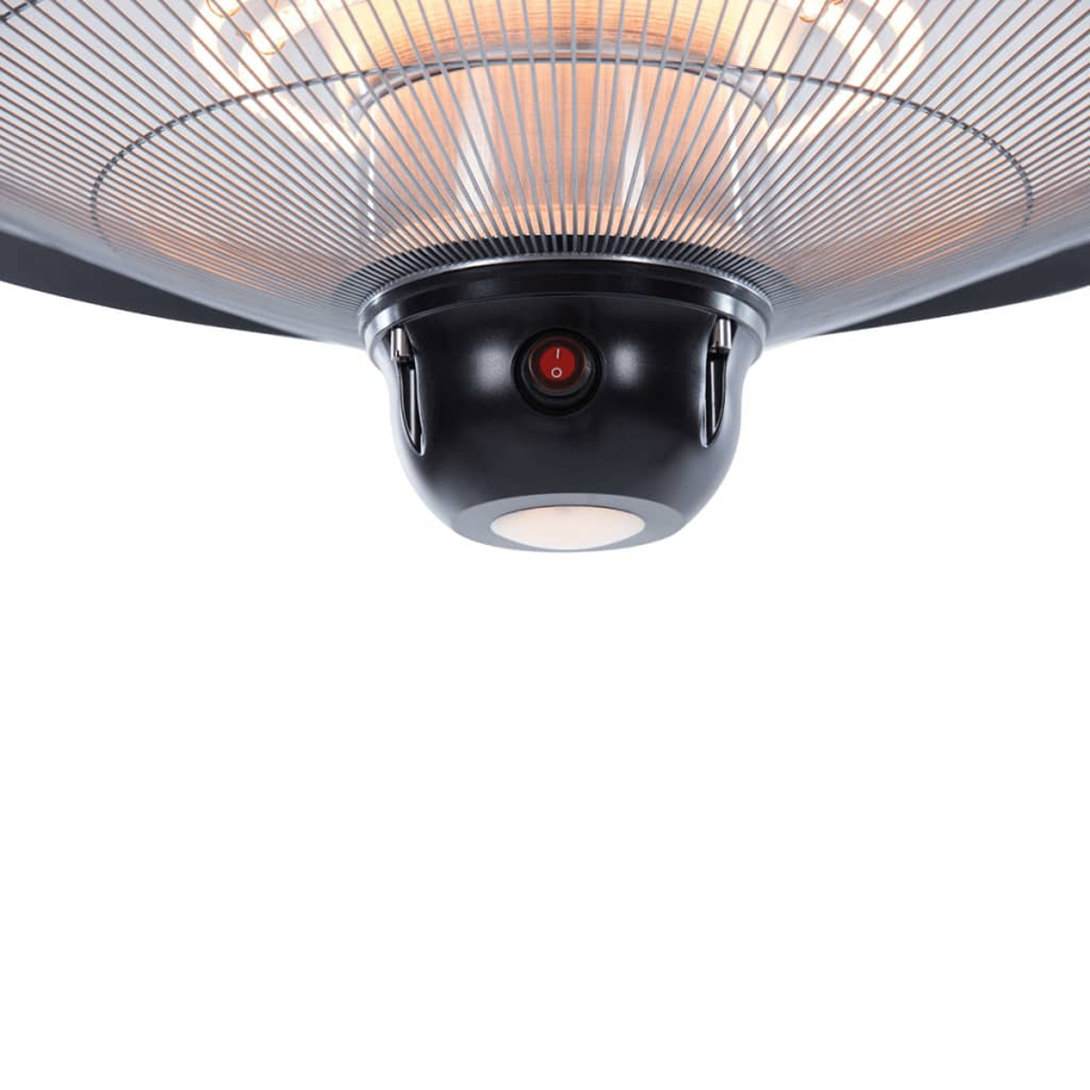 Close-up of a black patio heater with a red power button. The heating element is visible.