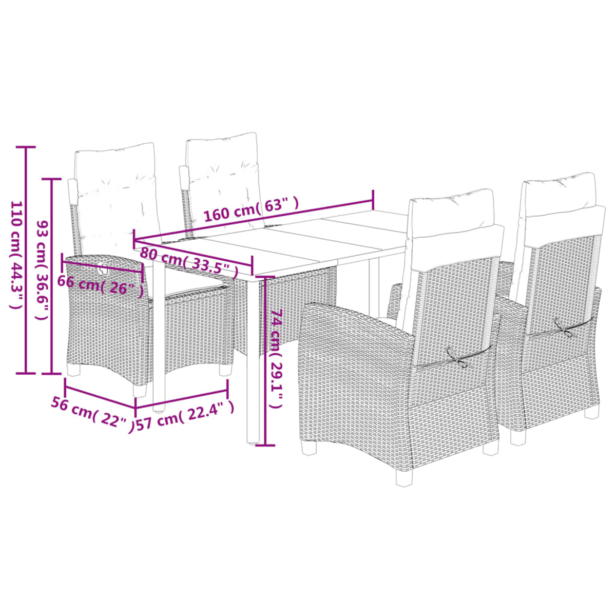 Diagramm eines Esszimmersets mit Tisch und sechs Stühlen. Abmessungen sind enthalten.