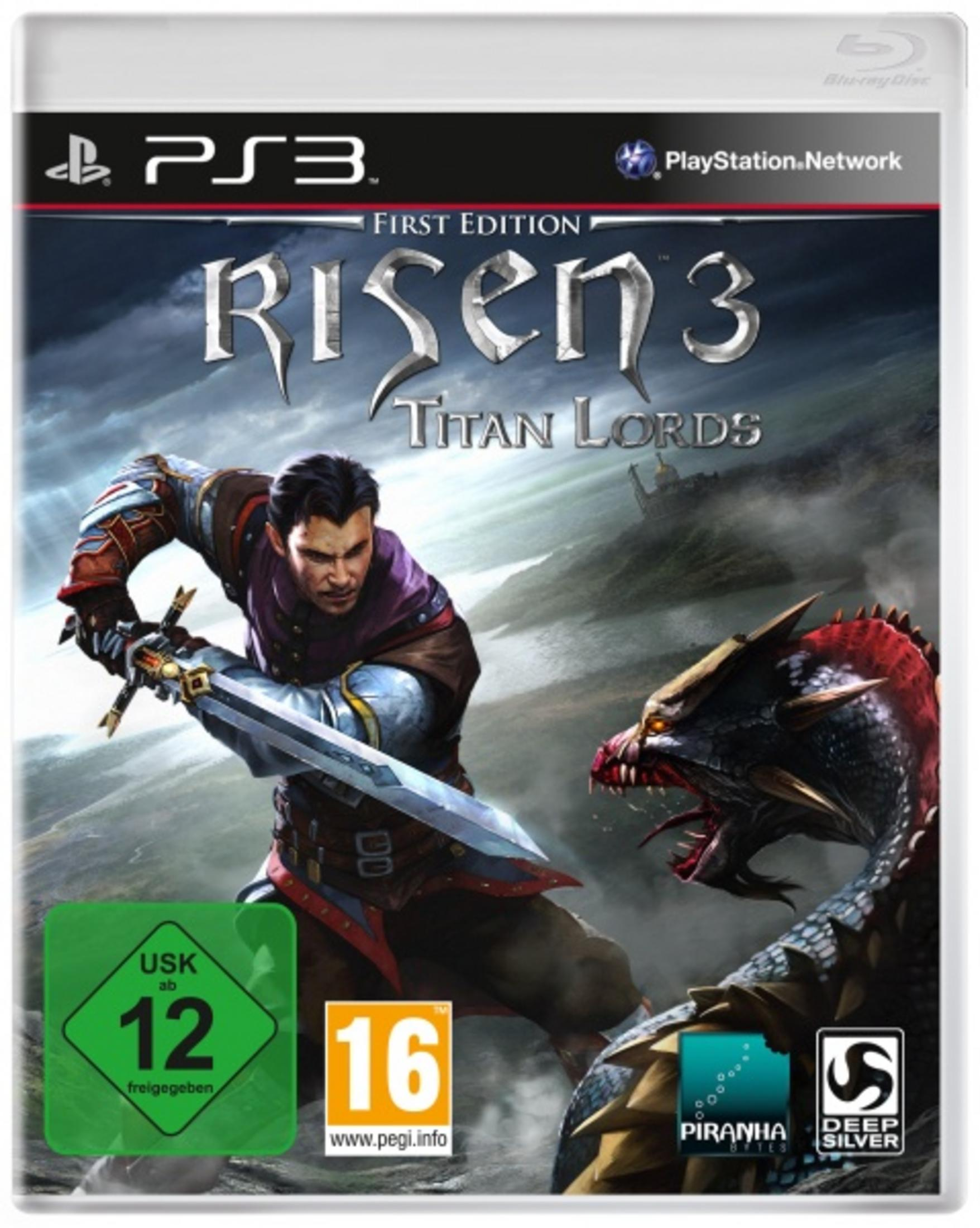 Spielcover für Risen 3: Titan Lords. Zeigt einen Mann mit Schwert und einen Drachen.