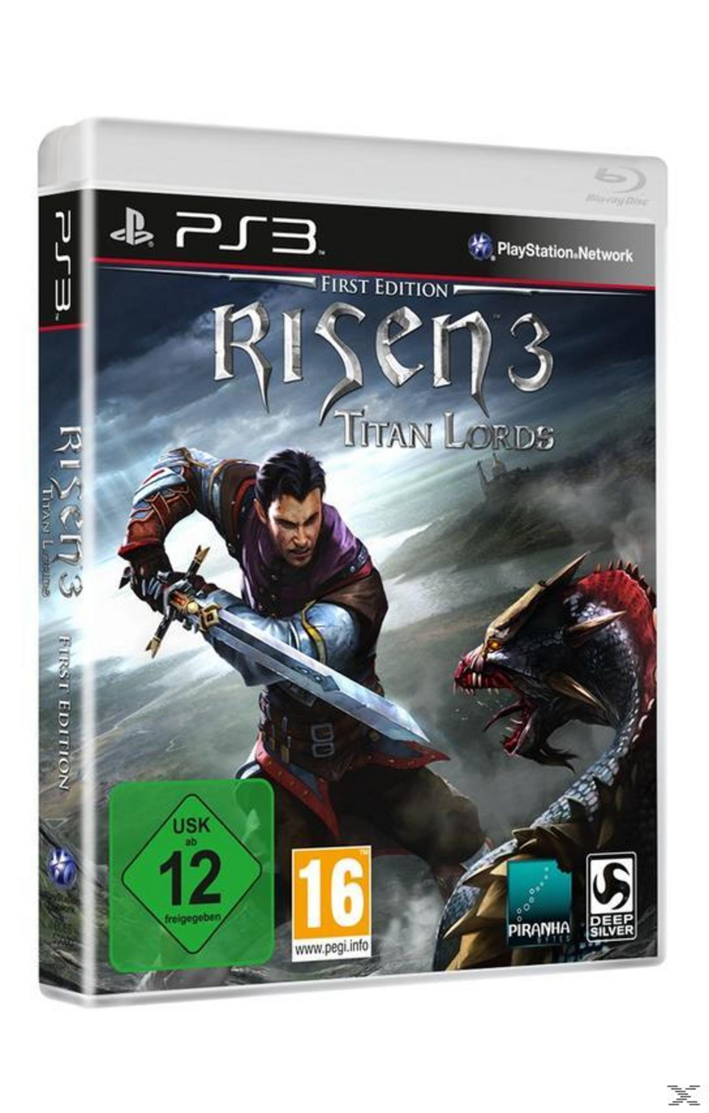 PS3-Spielcover. Ein Mann mit einem Schwert kämpft gegen einen Drachen. Der Spieletitel ist Risen 3: Titan Lords.