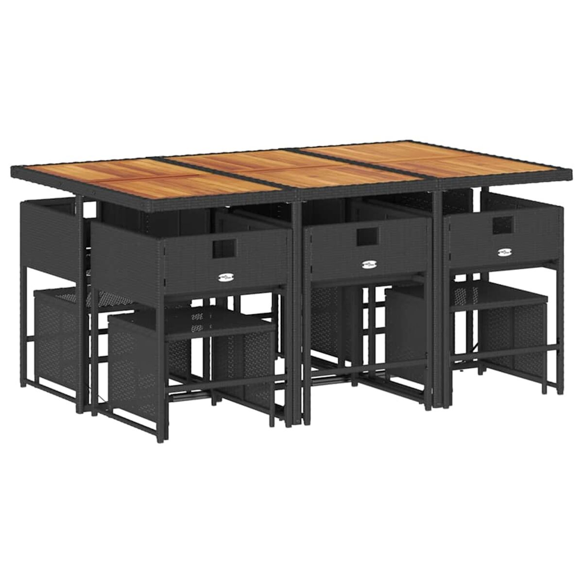 Tavolo in vimini con cassetti, sgabelli e piano in legno.