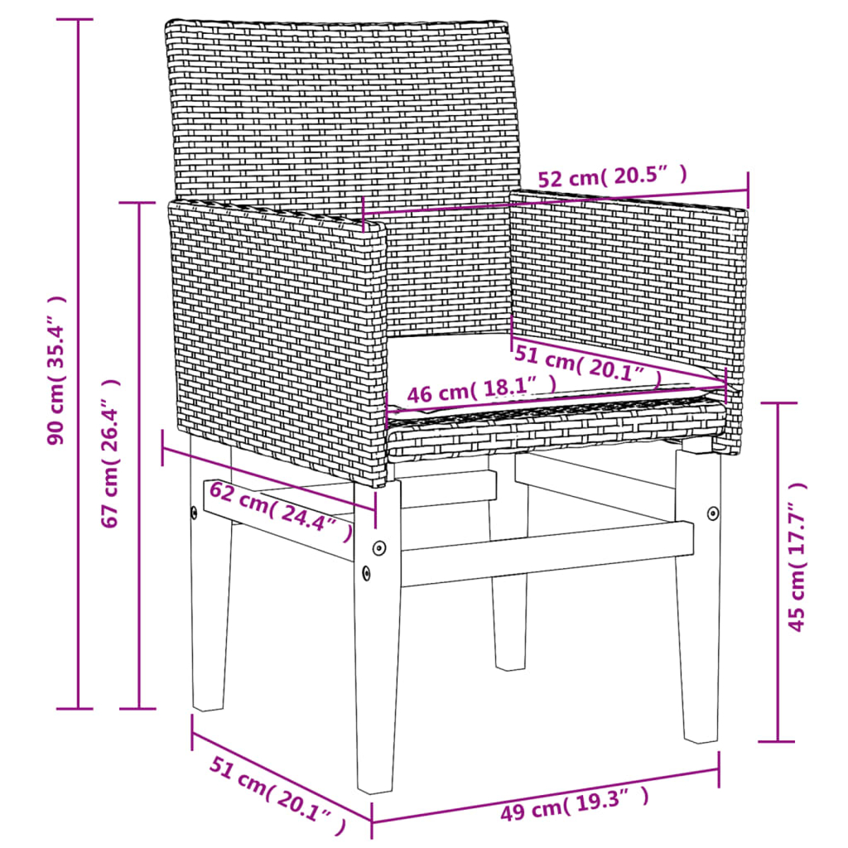 Korbstuhl mit Maßen: 90x52x51 cm; Sitzfläche: 46x51 cm; Rückenlehne: 52 cm; Höhe 45 cm.