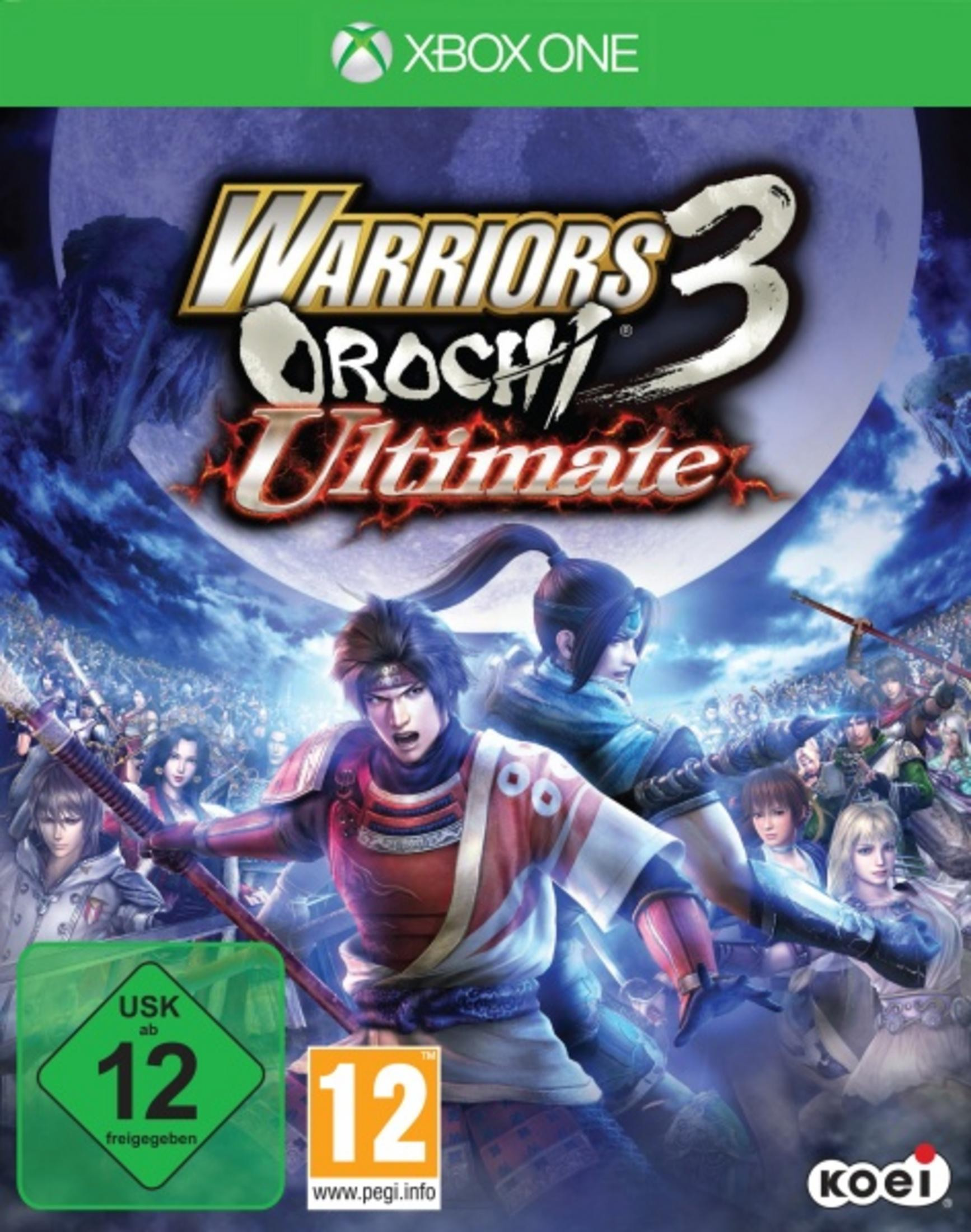 Ein Videospiel-Cover für Xbox One mit dem Titel "Warriors Orochi 3 Ultimate". Es zeigt zwei Krieger und eine Menge.