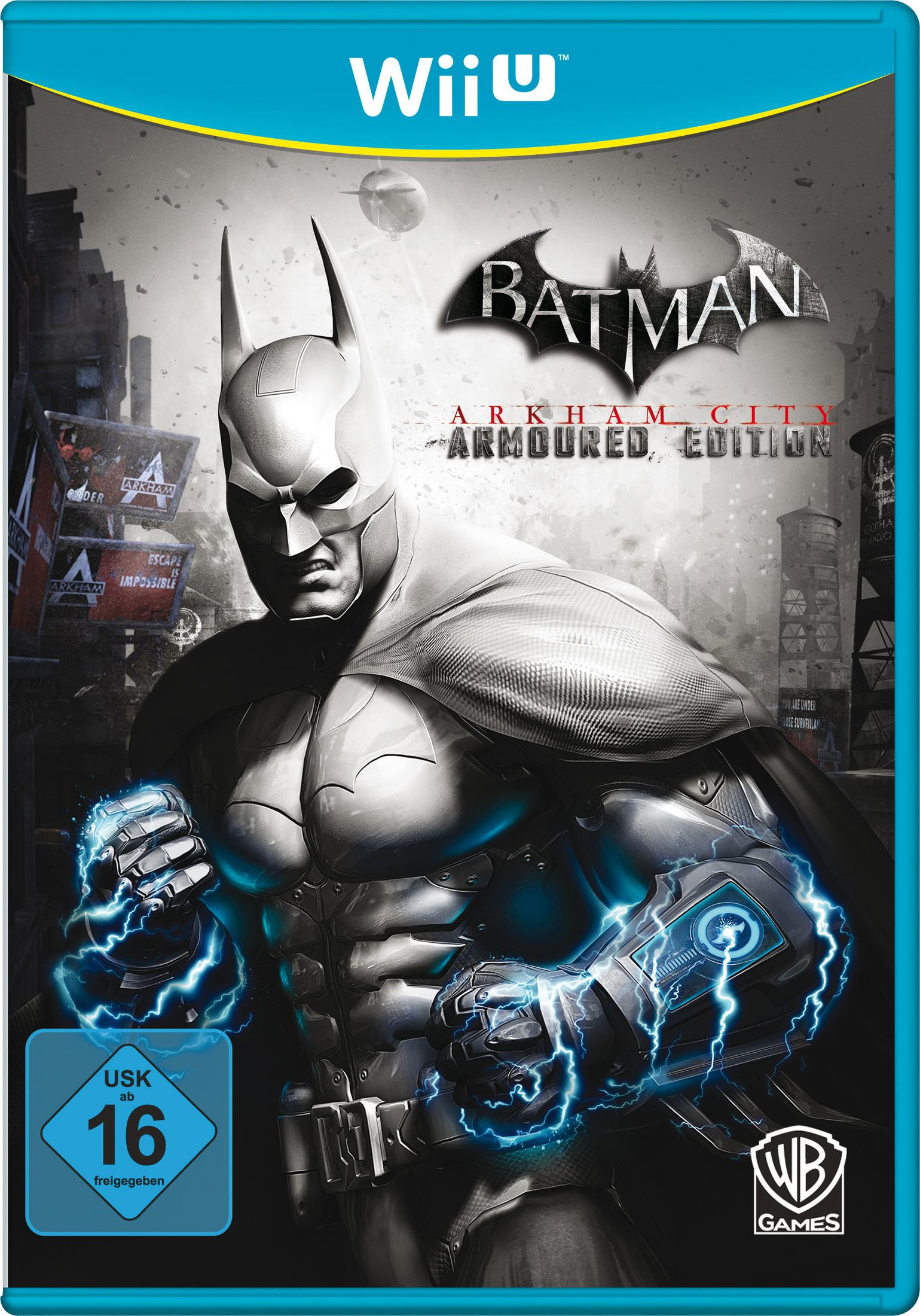 Wii U Spielbox für Batman: Arkham City, Batman in einer Stadtszene zeigend.
