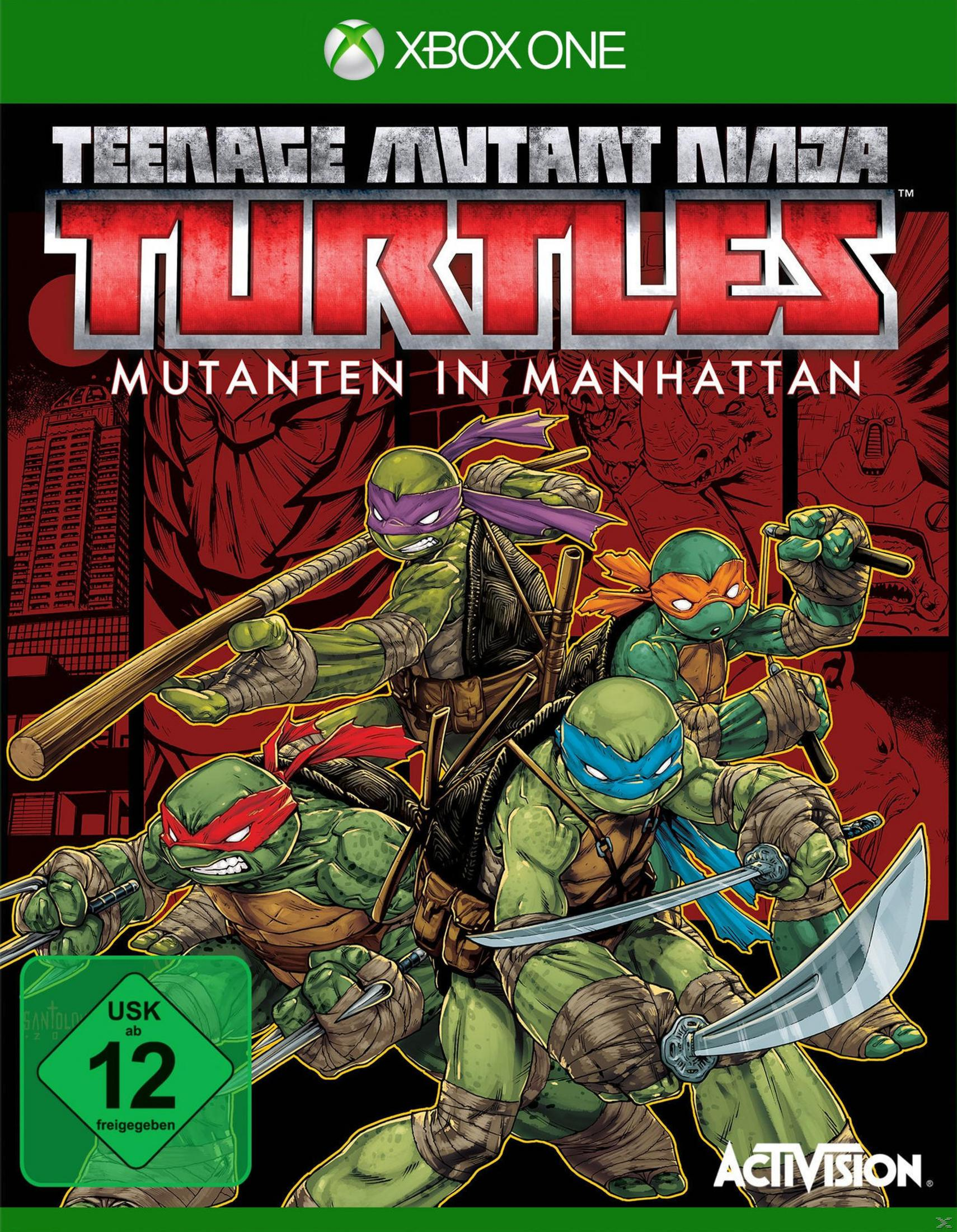 Xbox One-Spielbox für "Teenage Mutant Ninja Turtles: Mutants in Manhattan". Schildkröten auf dem Cover.
