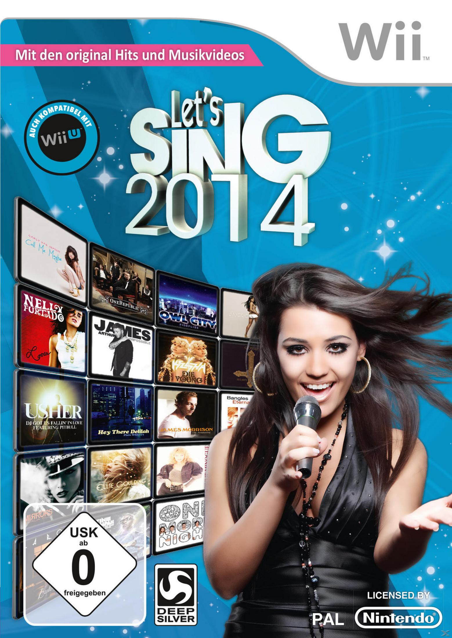 Wii-Spielcover, Let's Sing 2014, Frau mit Mikrofon, bunter Hintergrund.