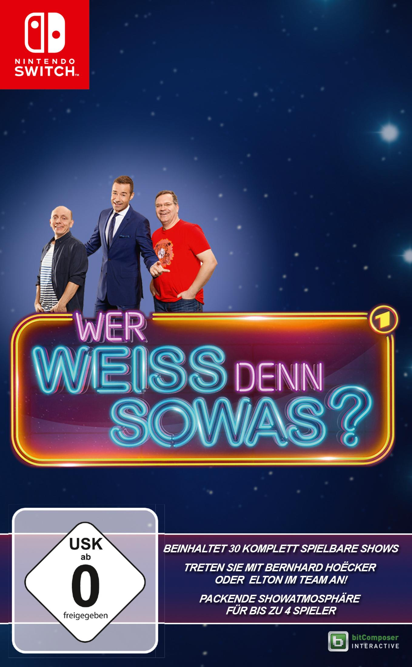 Nintendo Switch-Spielbox für "Wer Weiß Denn Sowas?" mit drei Männern. Inklusive Show-Atmosphäre.