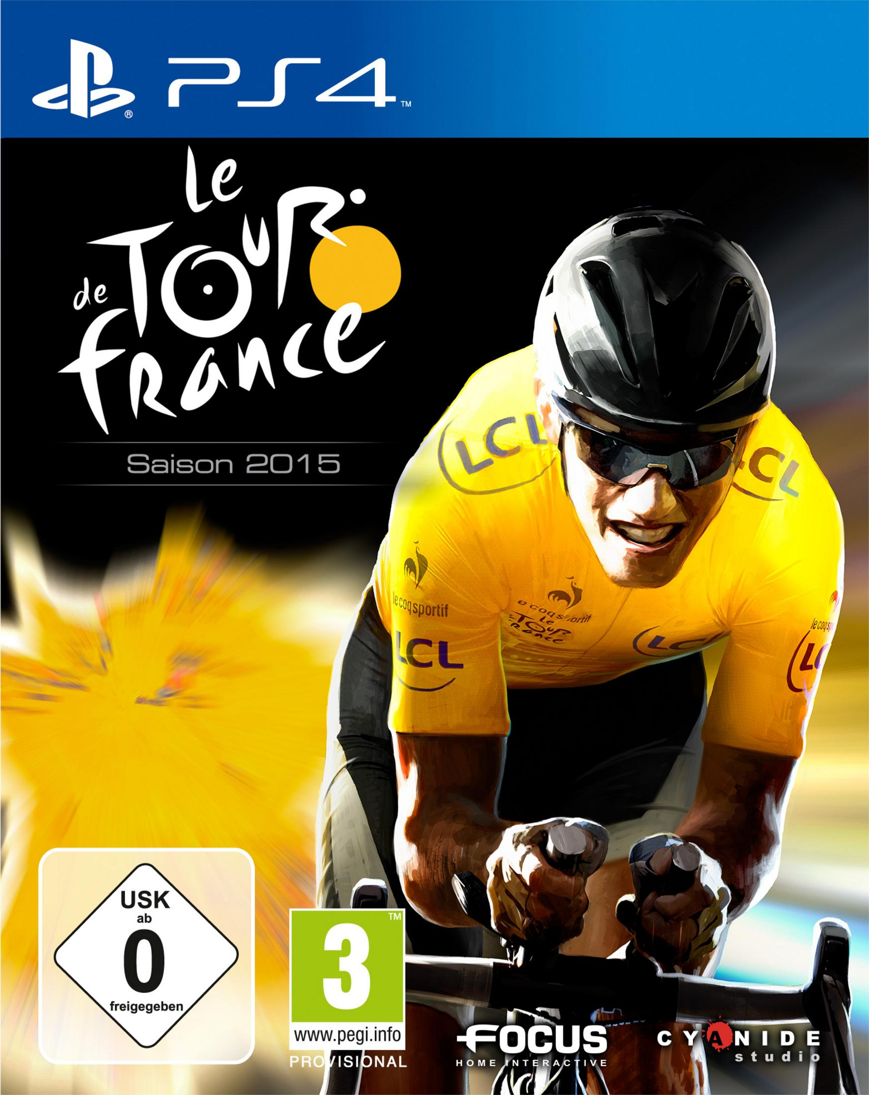 PS4-Spielbox für "Le Tour de France 2015" mit einem Radrennfahrer im gelben Trikot. Focus Home Interactive.