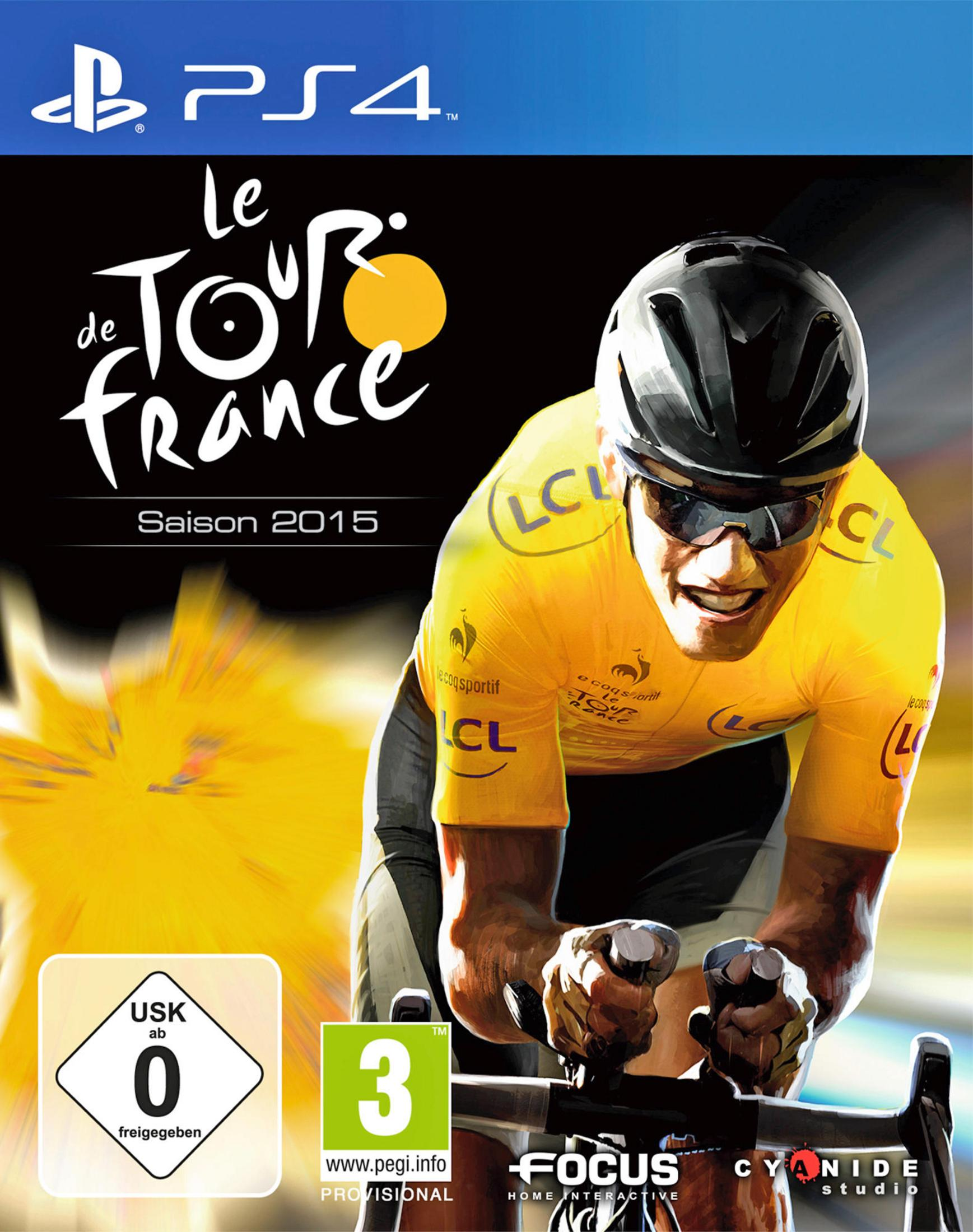 Eine Videospielbox mit einem Radfahrer in gelbem Trikot. Der Titel lautet 'Le Tour de France' und 'Saison 2015'.