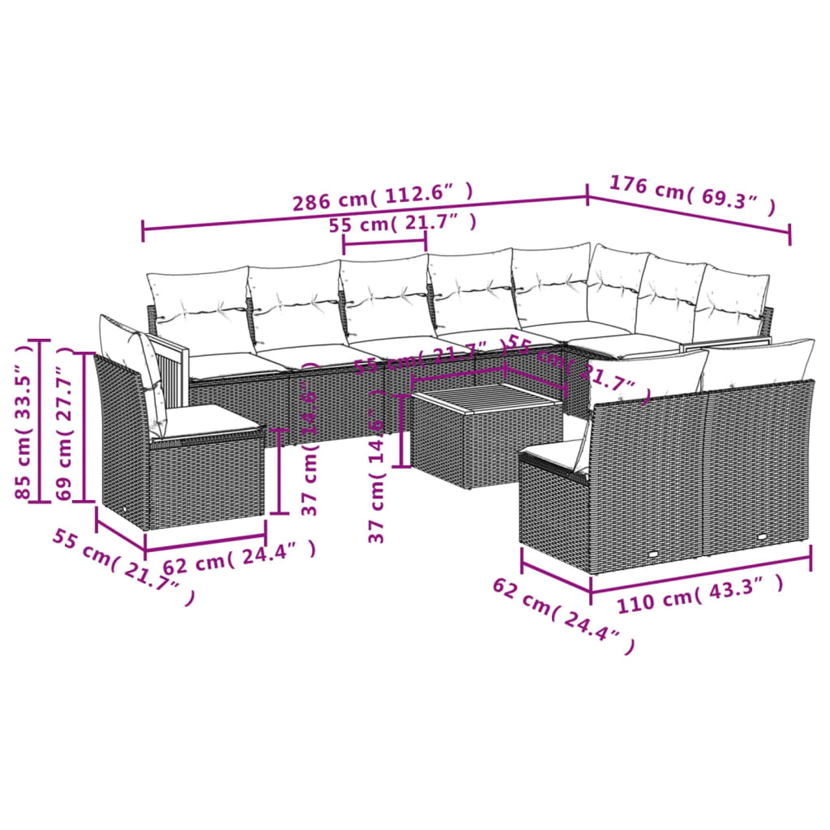 Outdoor-Rattanmöbel-Set mit Abmessungen. Es ist ein Sofa, zwei Stühle und ein Tisch.