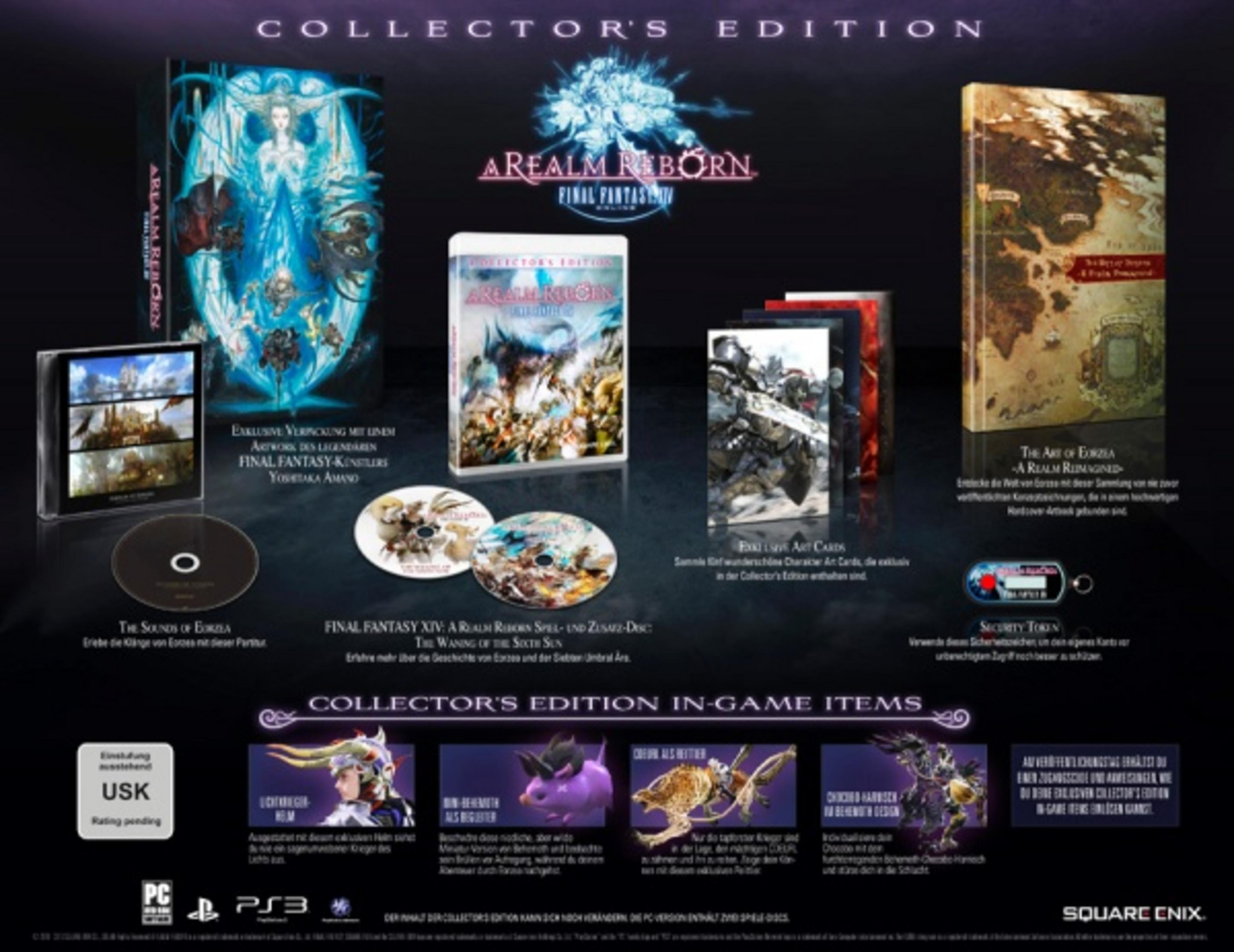 Final Fantasy XIV Collector's Edition Box mit Spiel-Discs und Karten.