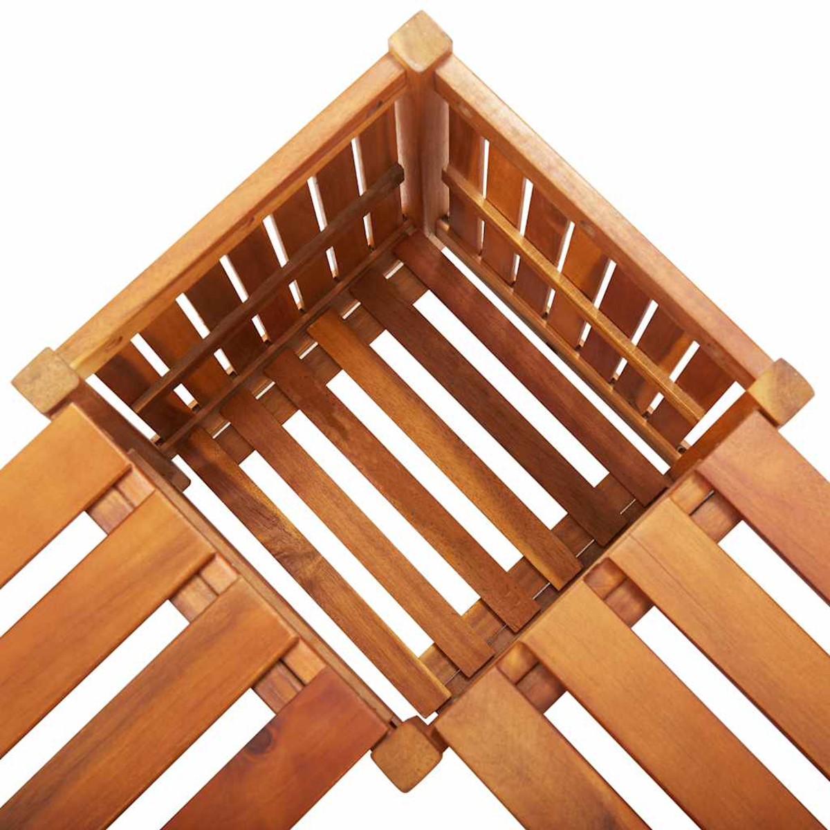 Eck-Pflanzkasten aus Holz mit Lamellen-Design. Der Kasten ist oben offen.